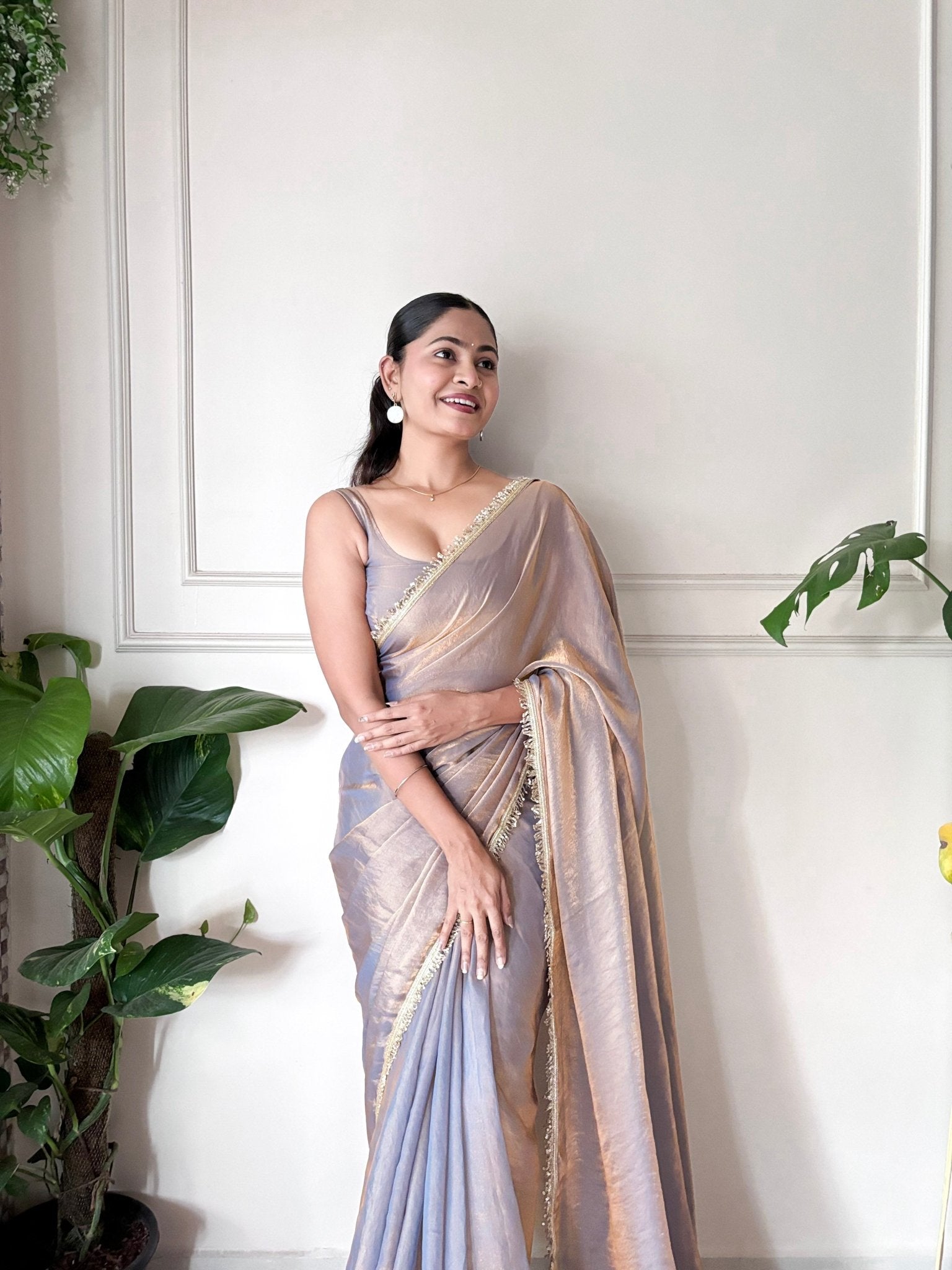 Organza Saree in Lavender Grey with Gold Lace Border - Ressa