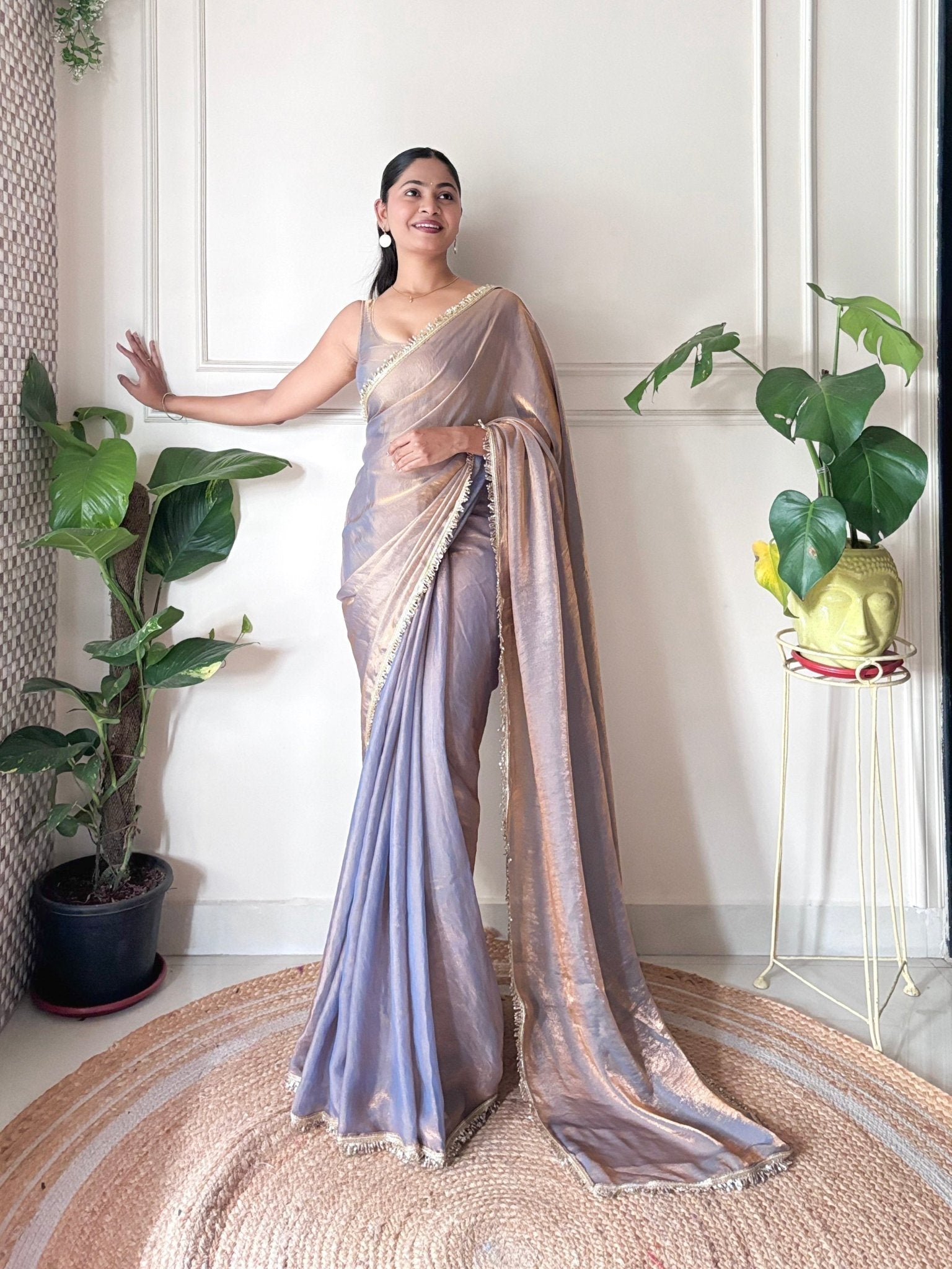 Organza Saree in Lavender Grey with Gold Lace Border - Ressa