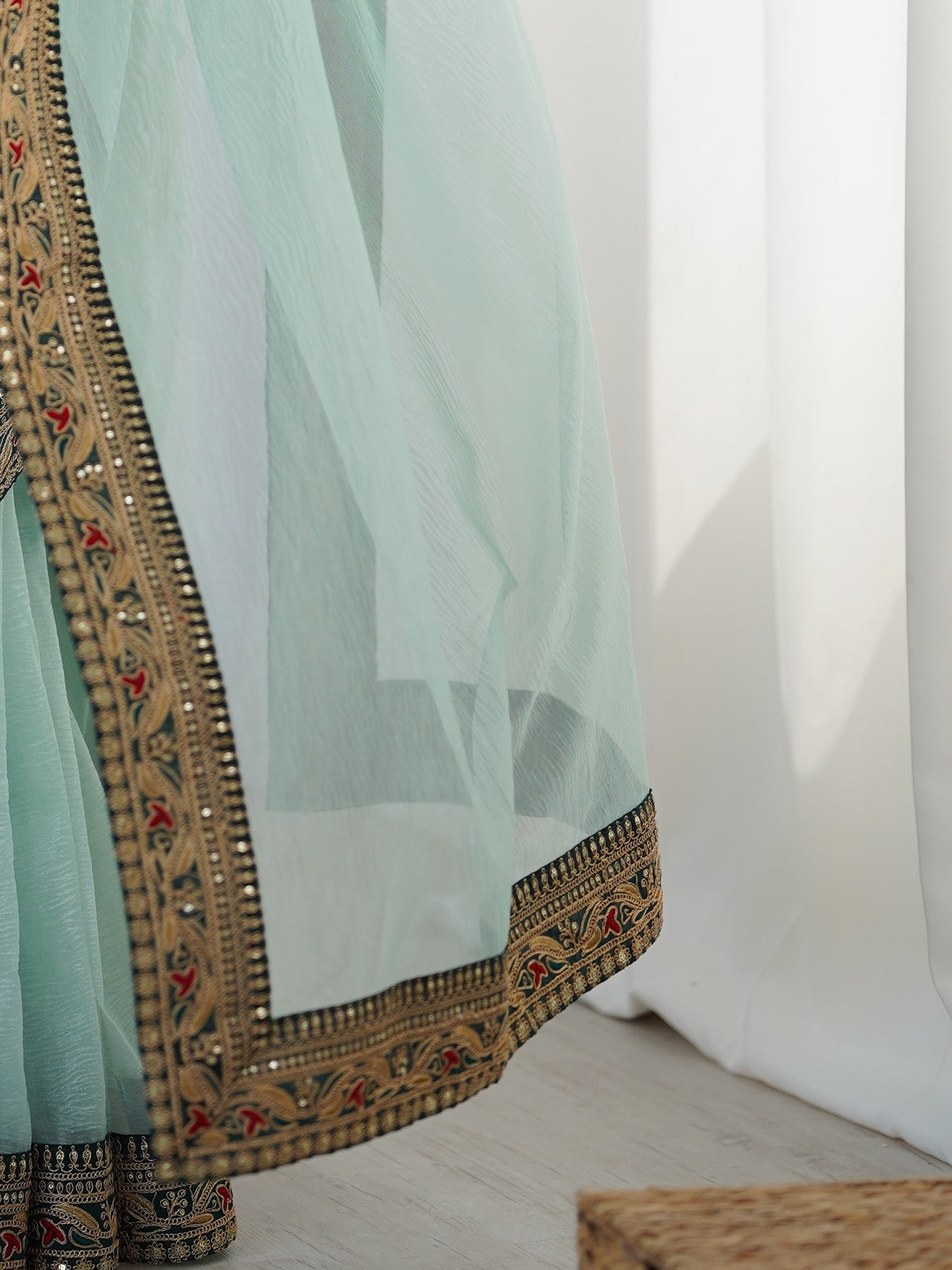 Organza Saree with Embroidered Blouse – Sky Blue & Bottle Green - Ressa