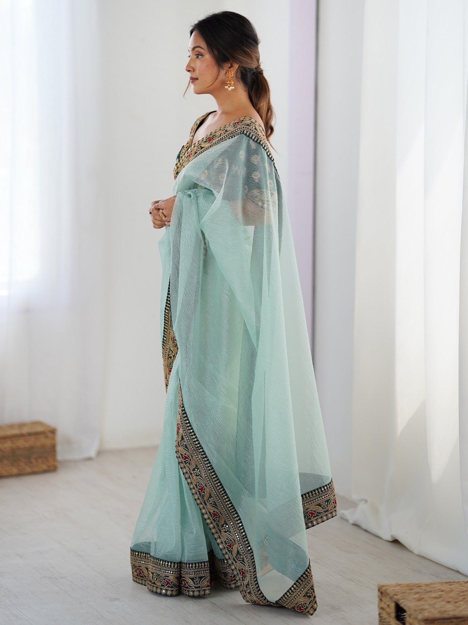 Organza Saree with Embroidered Blouse – Sky Blue & Bottle Green - Ressa