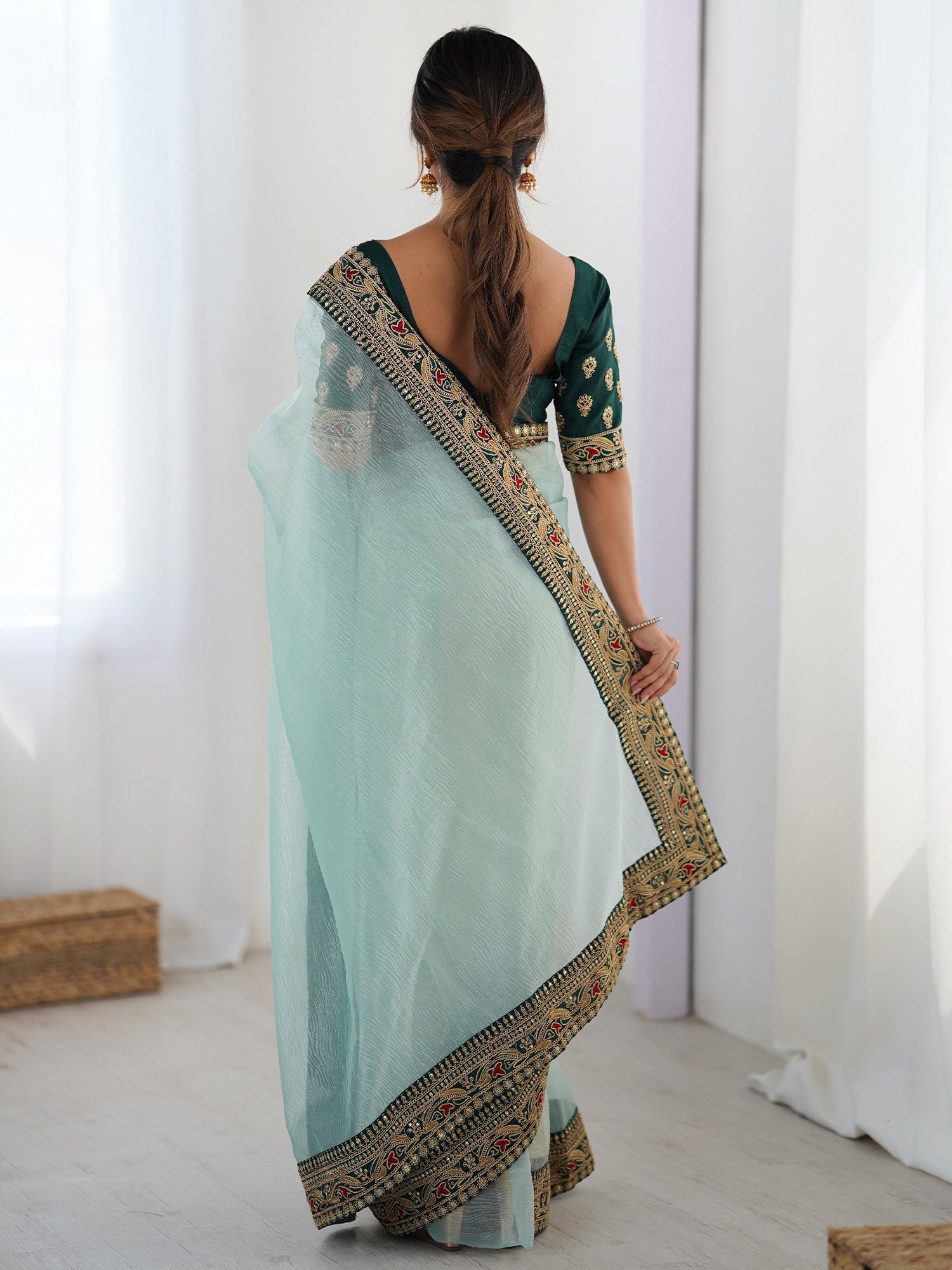 Organza Saree with Embroidered Blouse – Sky Blue & Bottle Green - Ressa