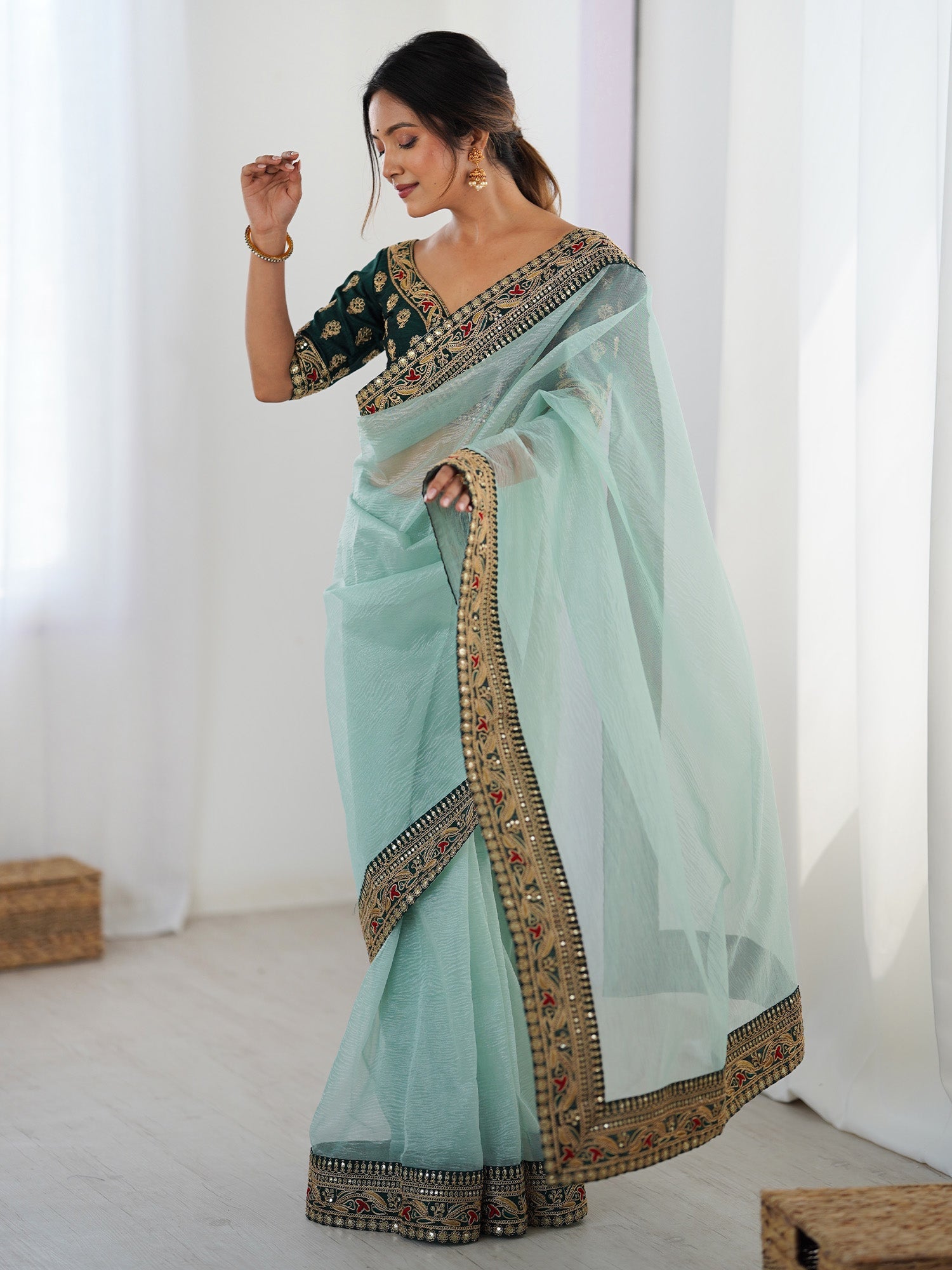 Organza Saree with Embroidered Blouse – Sky Blue & Bottle Green - Ressa