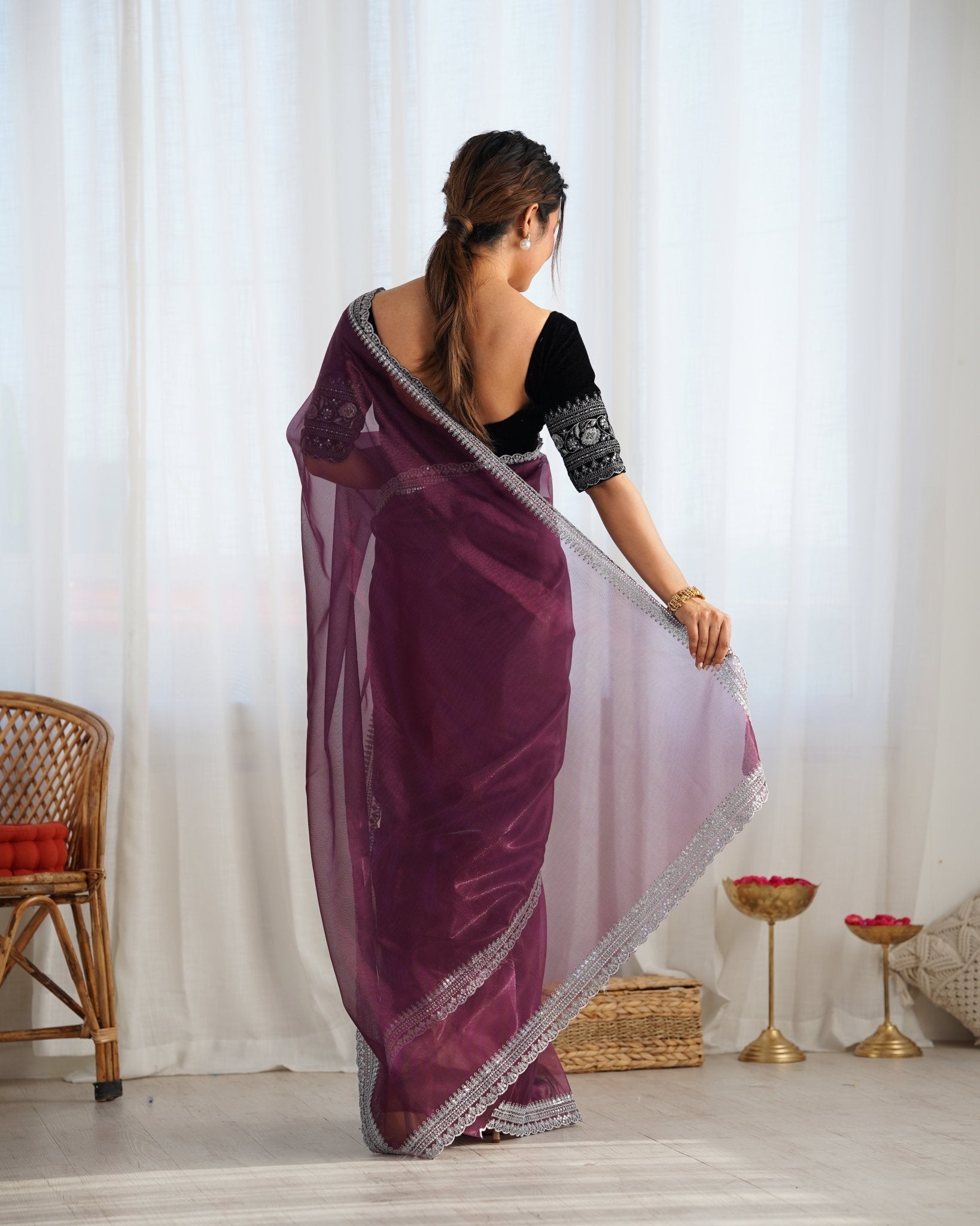 Organza Saree with Embroidered Border - Ressa
