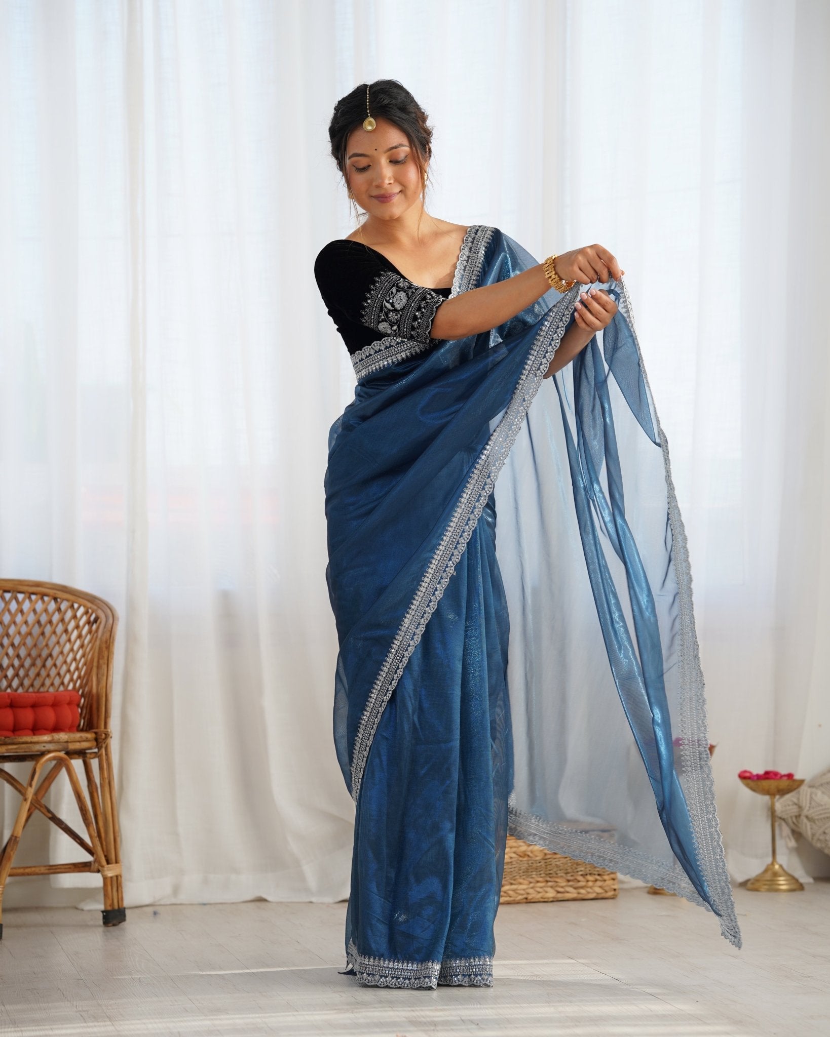 Organza Saree with Embroidered Velvet Blouse - Ressa
