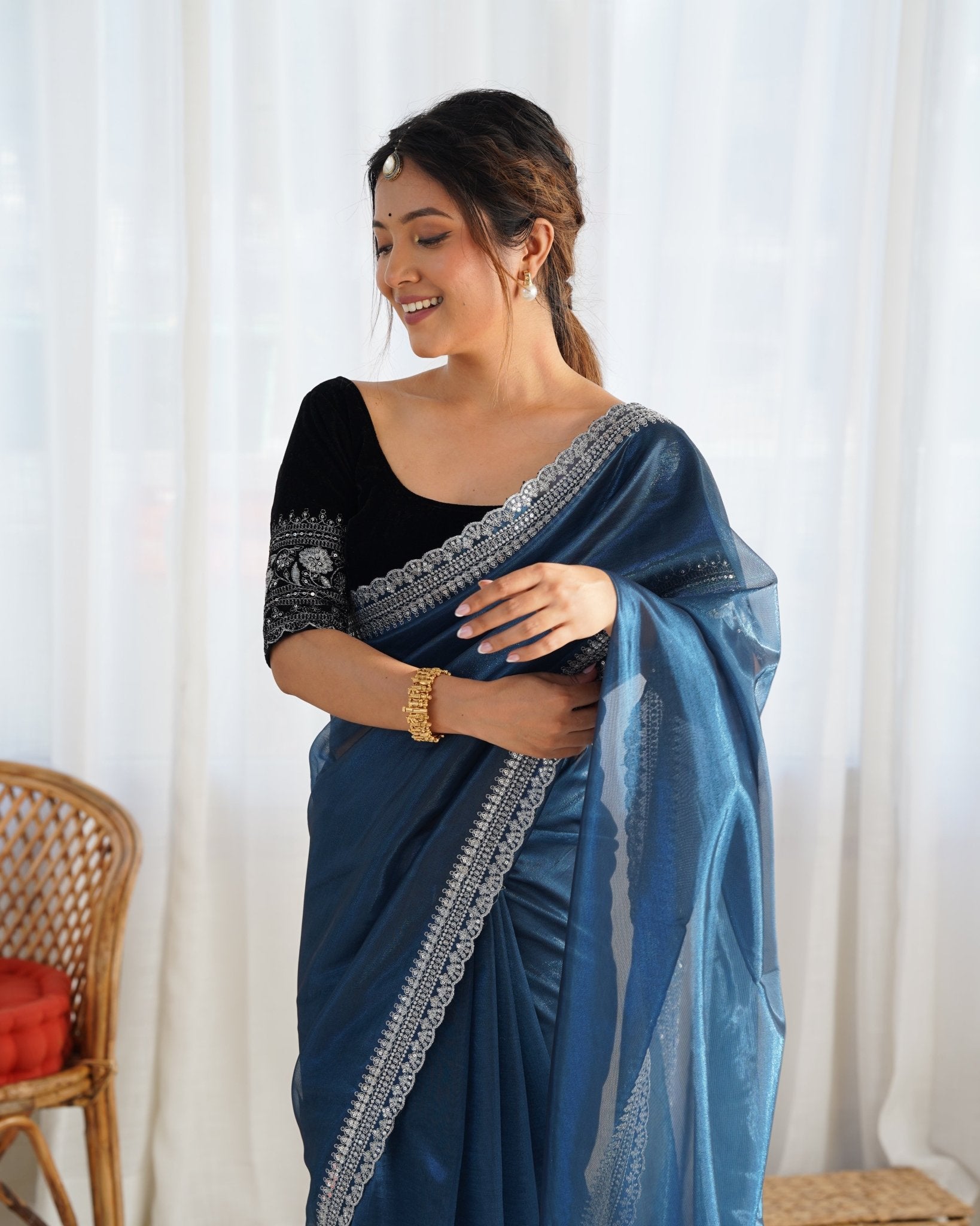 Organza Saree with Embroidered Velvet Blouse - Ressa