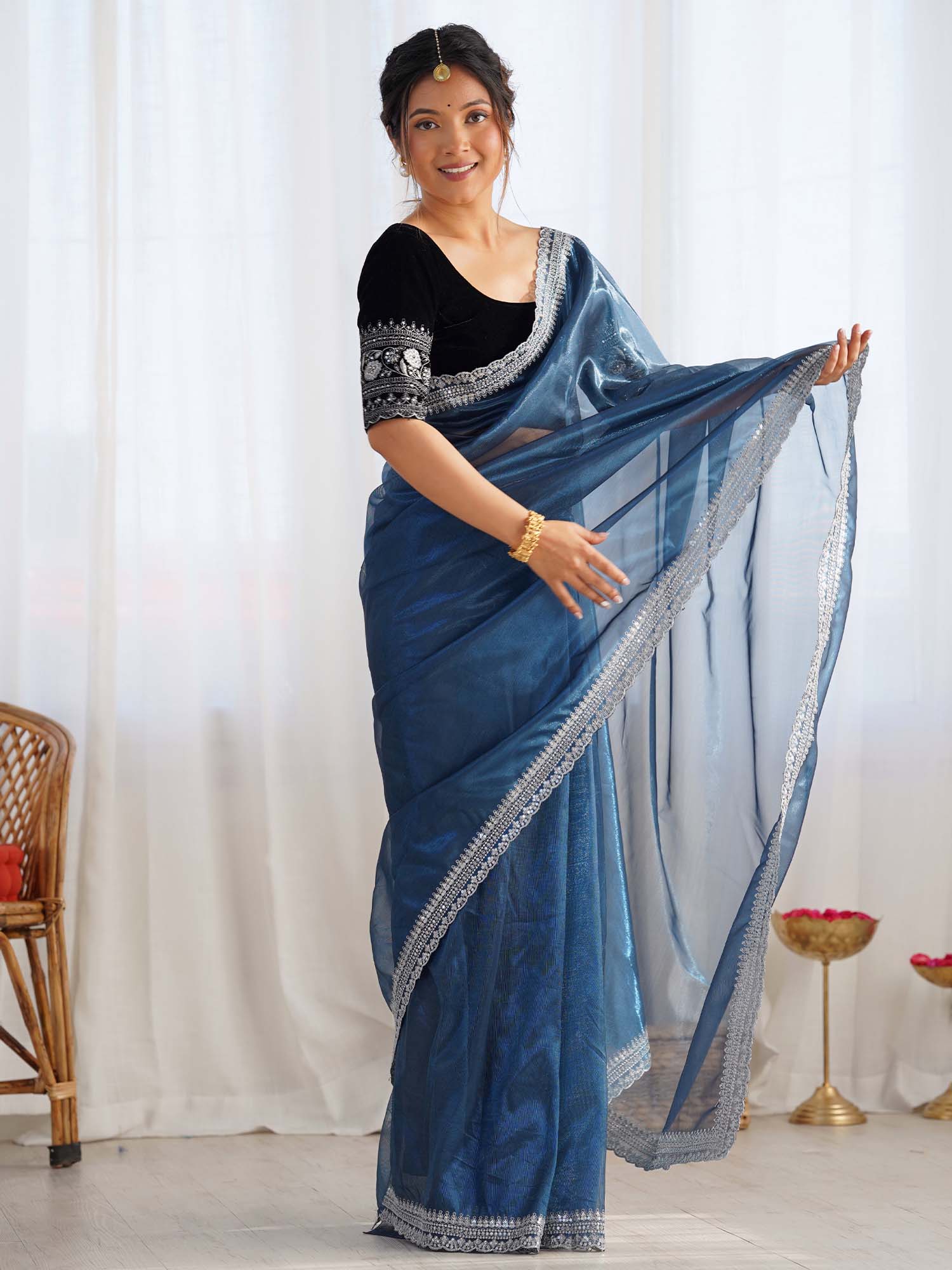 Organza Saree with Embroidered Velvet Blouse - Ressa