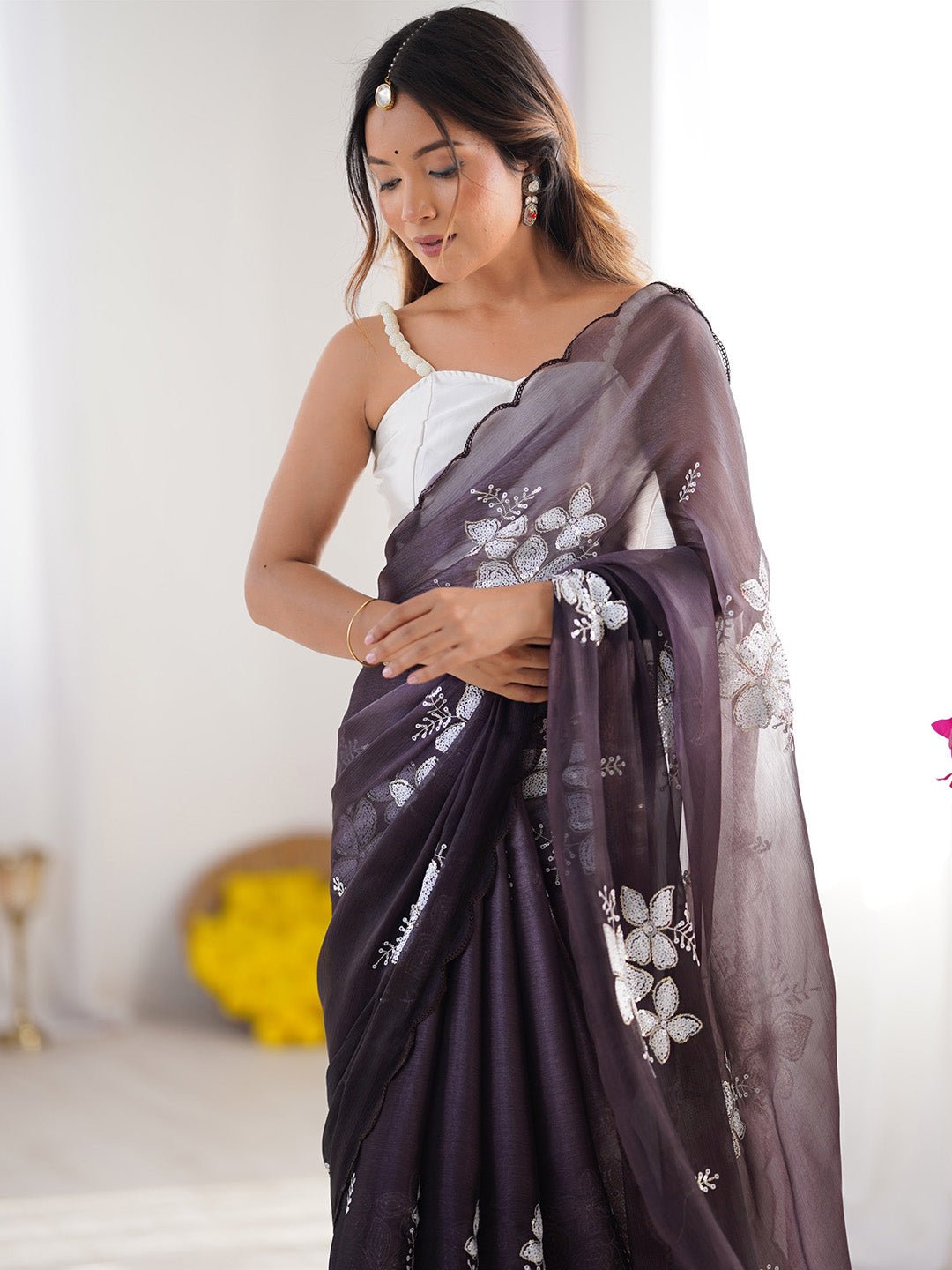 Organza Sequin Floral Saree – Charcoal - Ressa