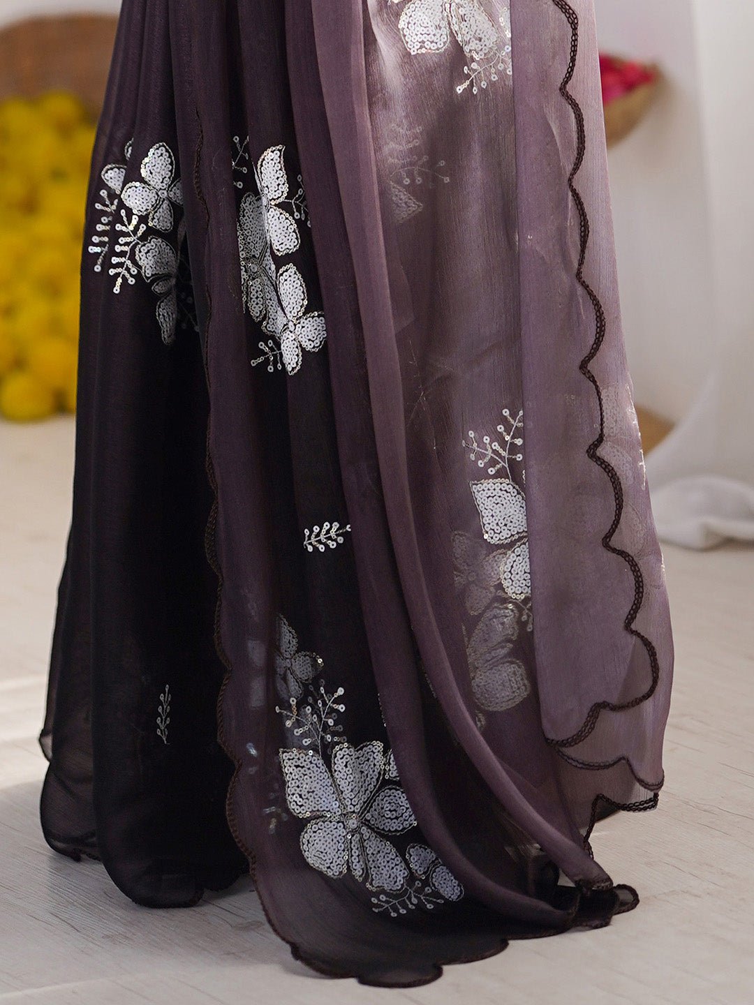 Organza Sequin Floral Saree – Charcoal - Ressa