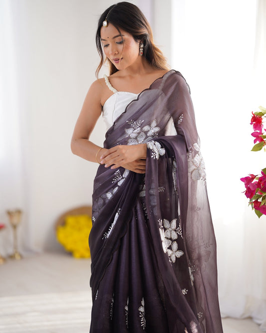 Organza Sequin Floral Saree – Charcoal - Ressa