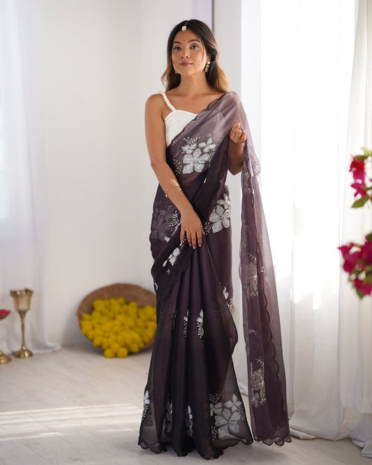 Organza Sequin Floral Saree – Charcoal - Ressa