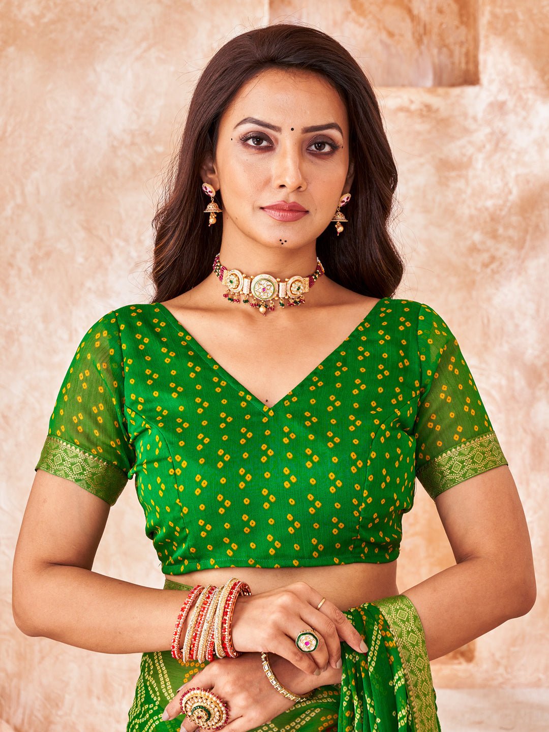 Parrot Green Georgette Bandhani Saree - Ressa