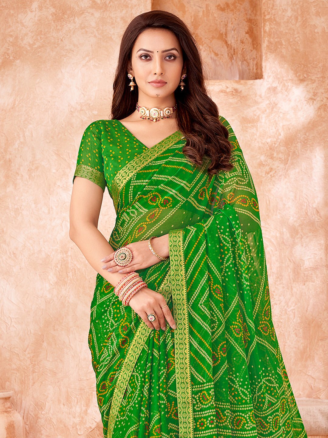 Parrot Green Georgette Bandhani Saree - Ressa