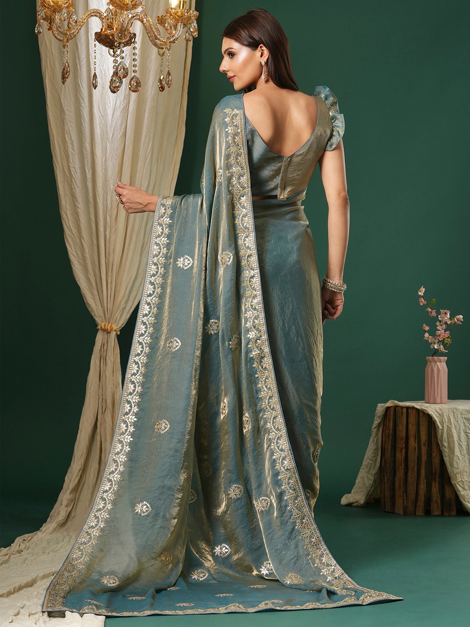Pastel Blue and Gold Zari Embroidery Tissue Silk Saree - Ressa