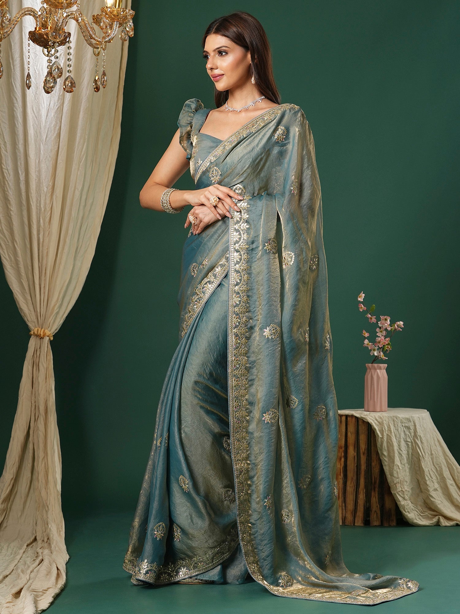 Pastel Blue and Gold Zari Embroidery Tissue Silk Saree - Ressa