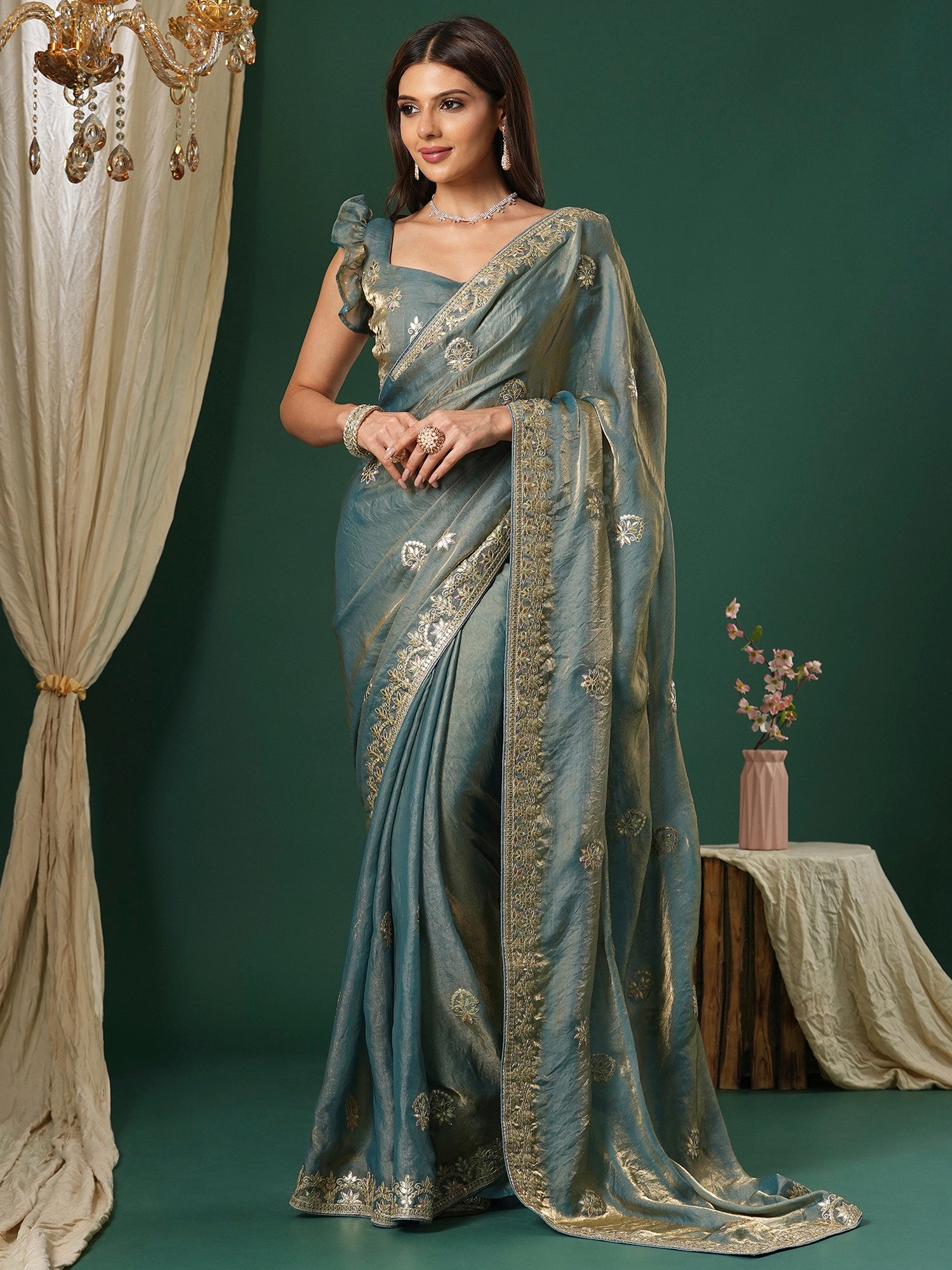 Pastel Blue and Gold Zari Embroidery Tissue Silk Saree - Ressa
