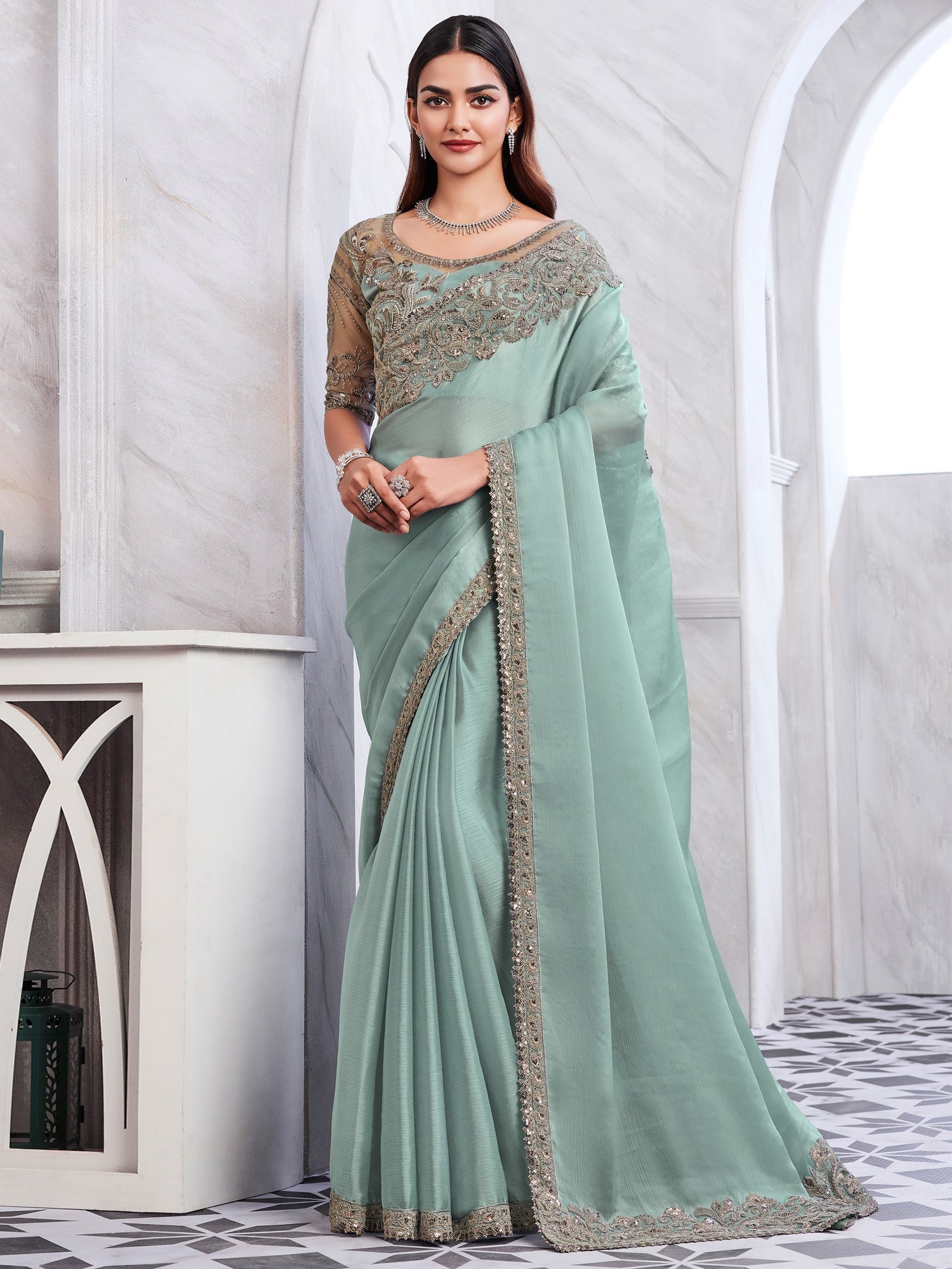 Pastel Green Silk Blend saree - Ressa