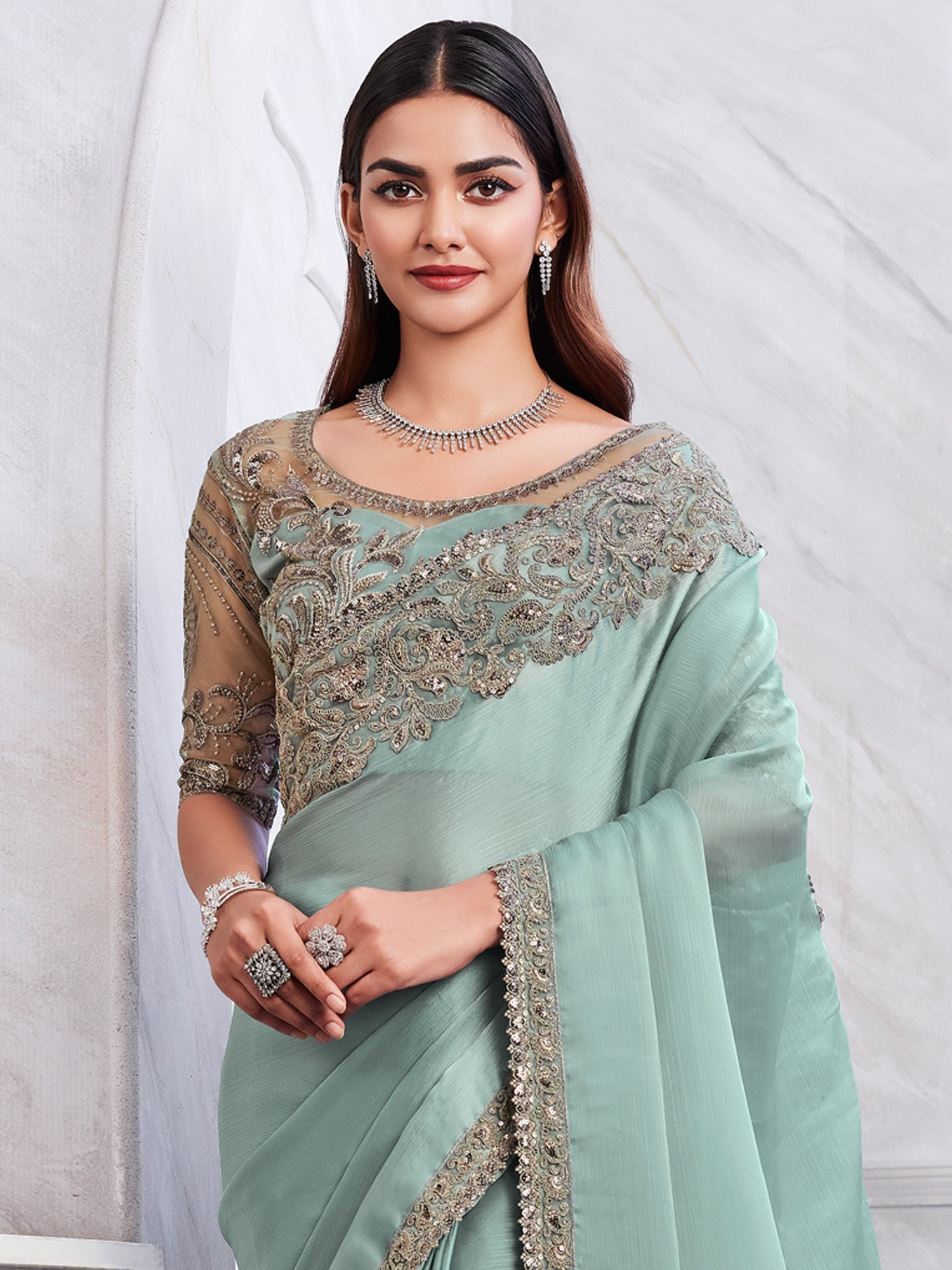 Pastel Green Silk Blend saree - Ressa