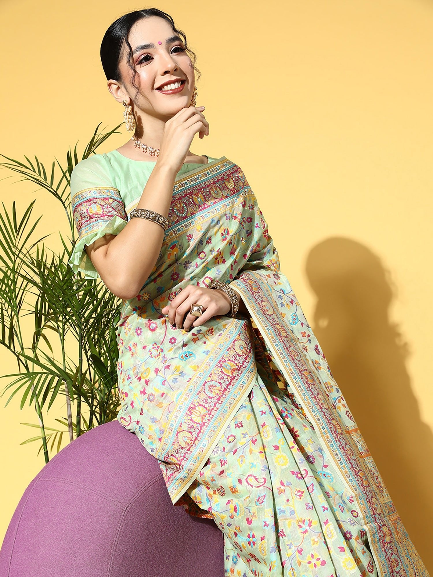 Pastel Green Silk Blend Woven Banarasi Multi-Color Floral Blouse Saree - Ressa