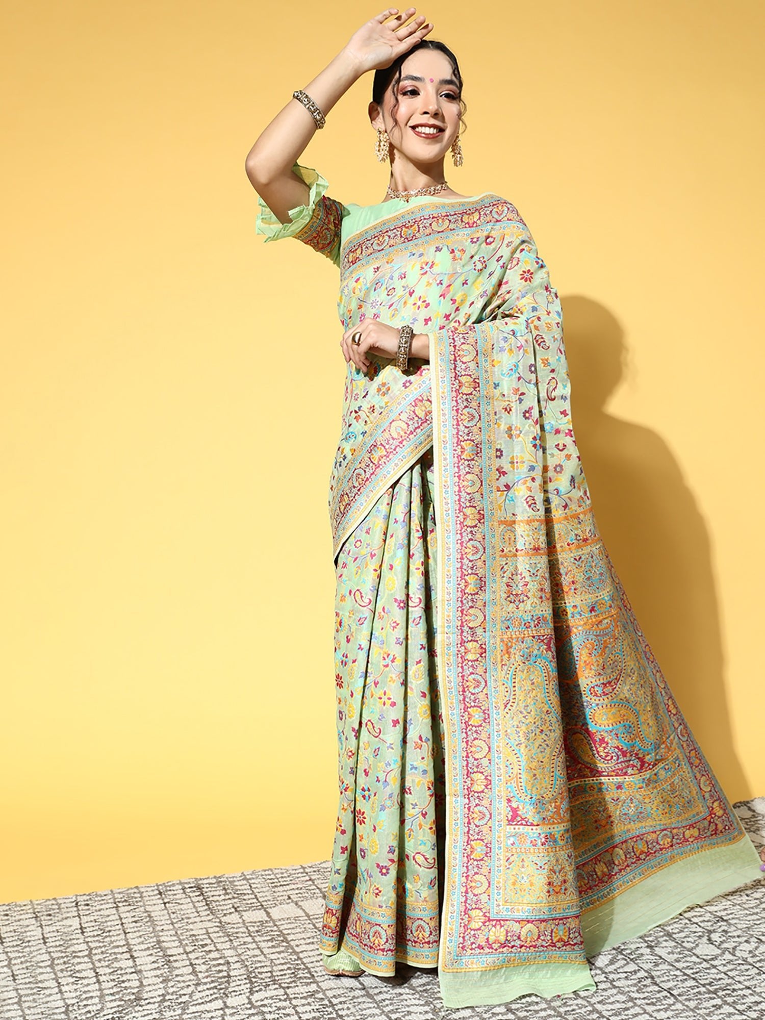 Pastel Green Silk Blend Woven Banarasi Multi-Color Floral Blouse Saree - Ressa