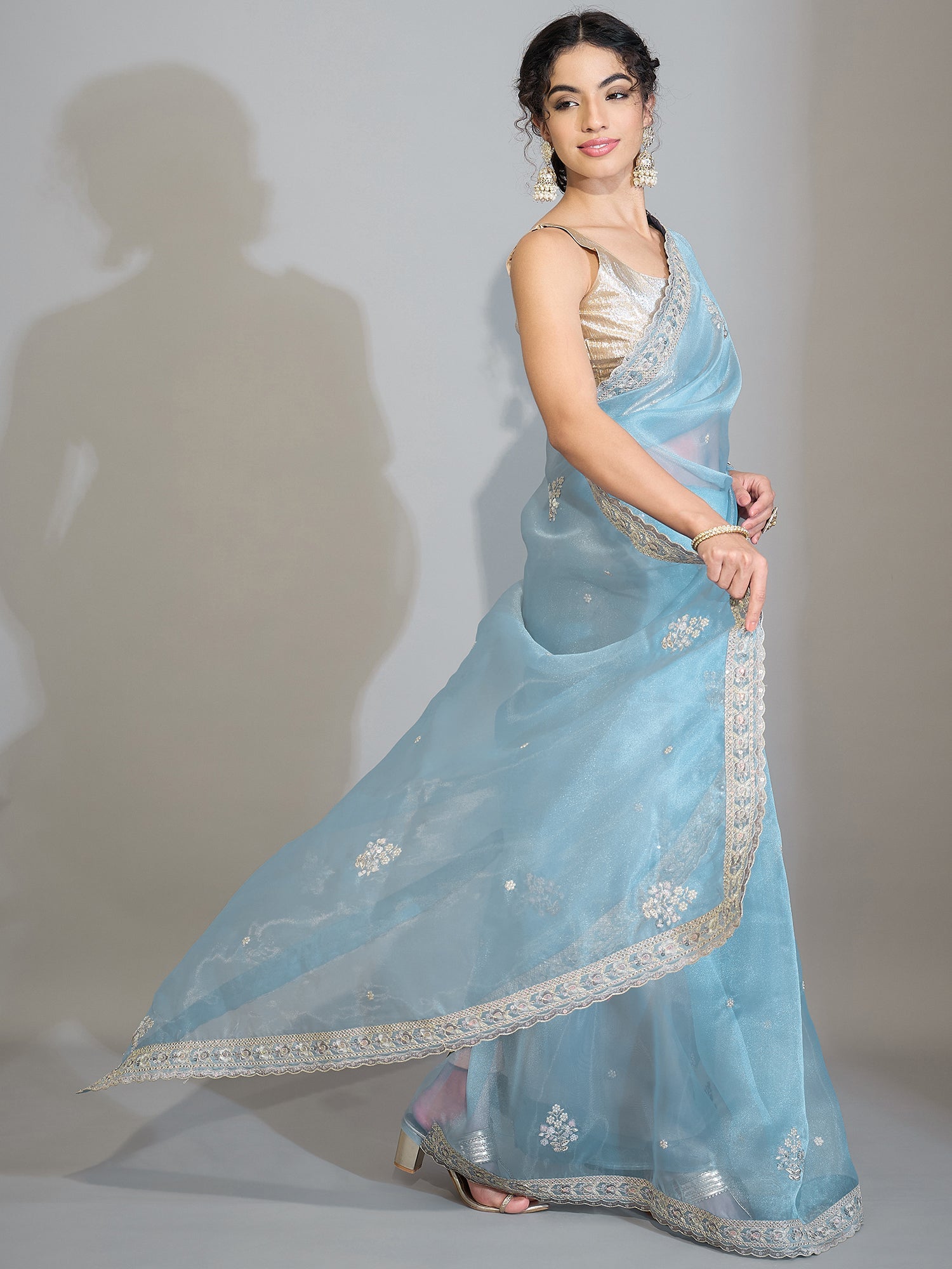Pastel Ice Blue Organza Tissue Saree - Ressa