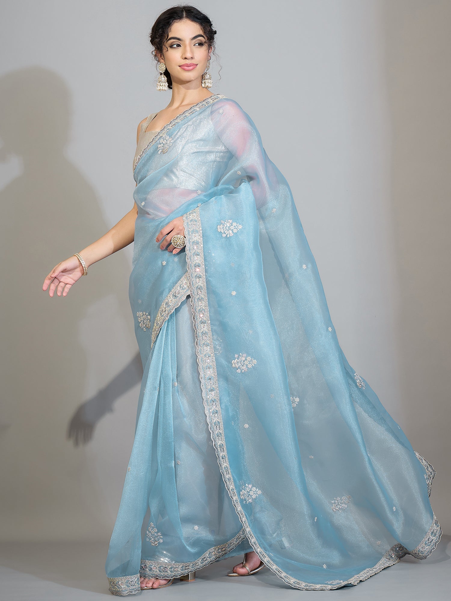 Pastel Ice Blue Organza Tissue Saree - Ressa