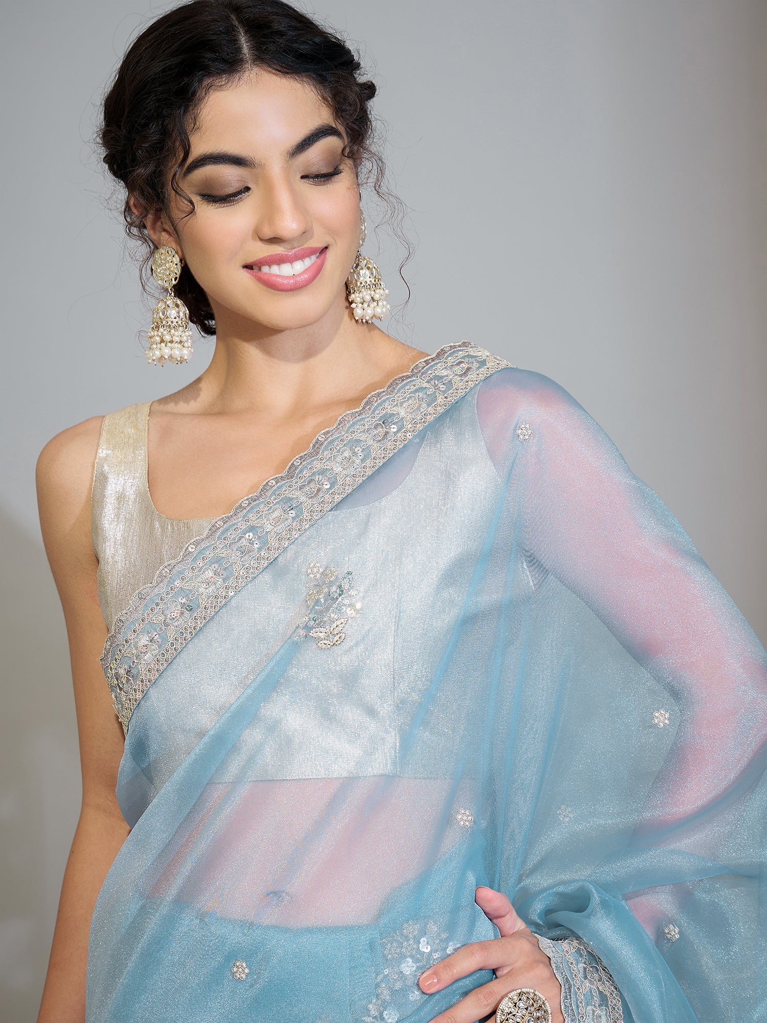 Pastel Ice Blue Organza Tissue Saree - Ressa