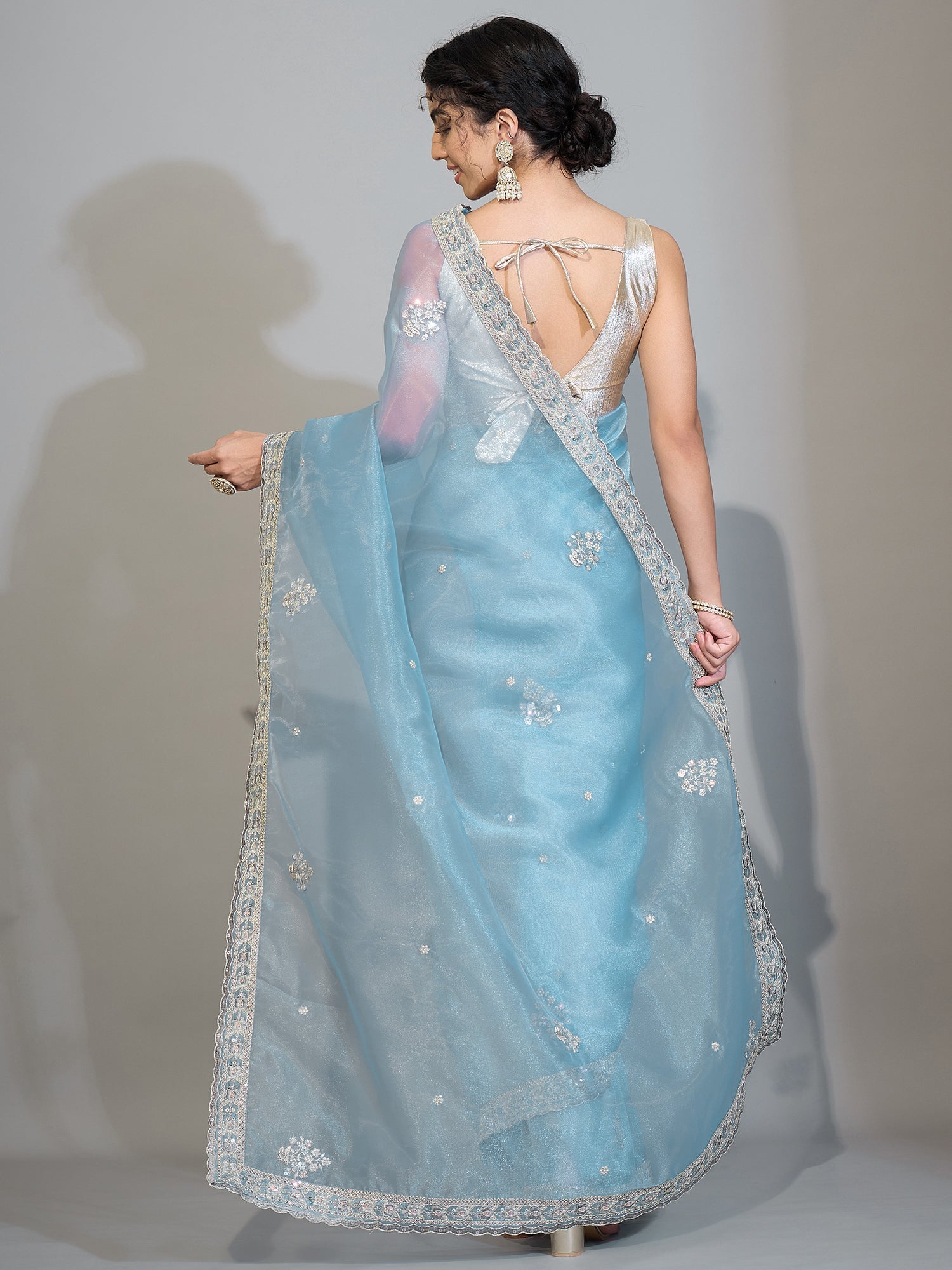 Pastel Ice Blue Organza Tissue Saree - Ressa
