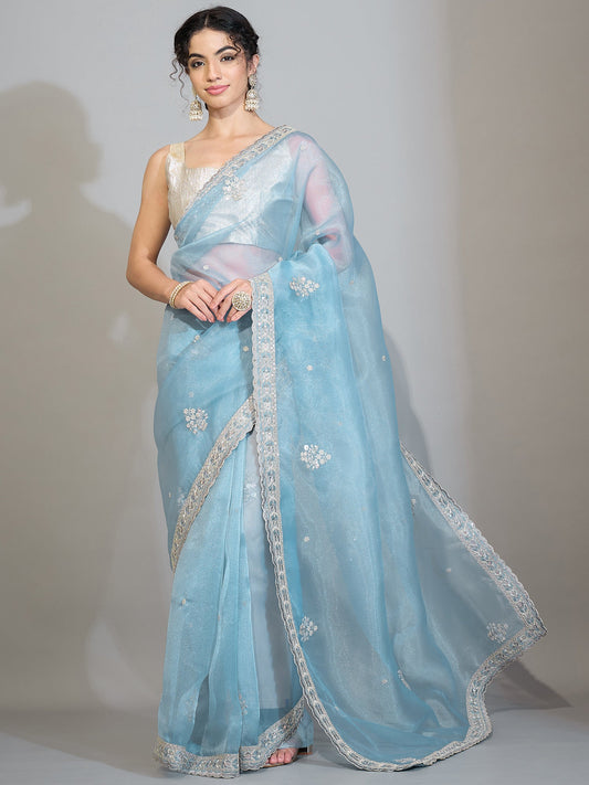 Pastel Ice Blue Organza Tissue Saree - Ressa