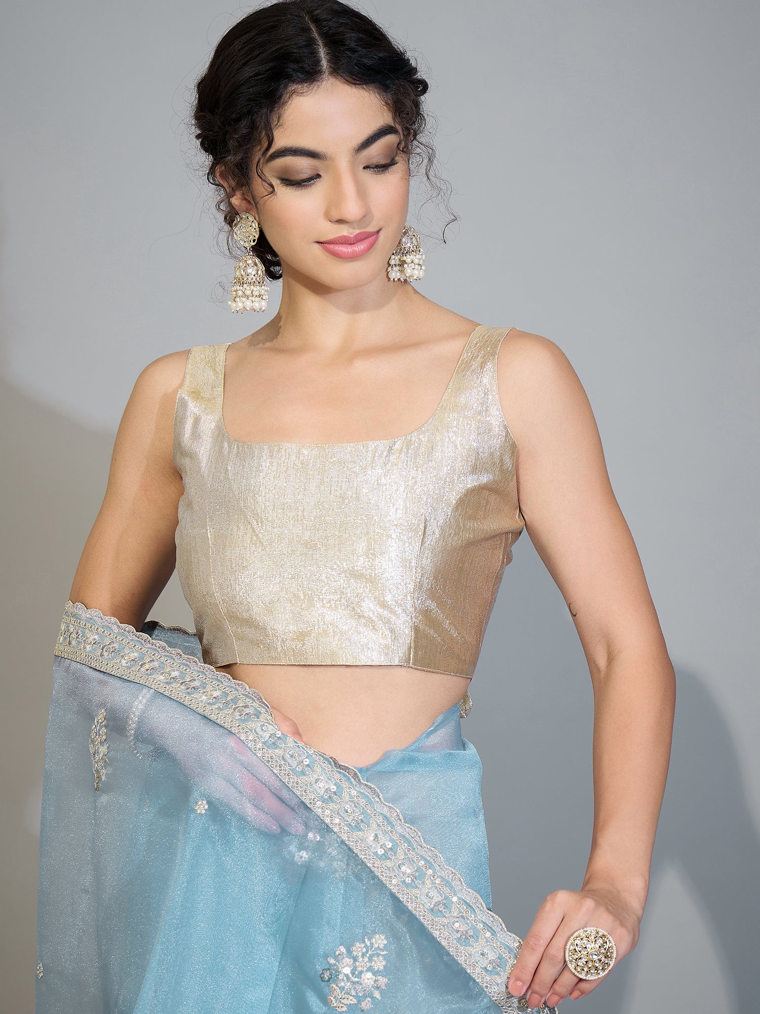Pastel Ice Blue Organza Tissue Saree - Ressa