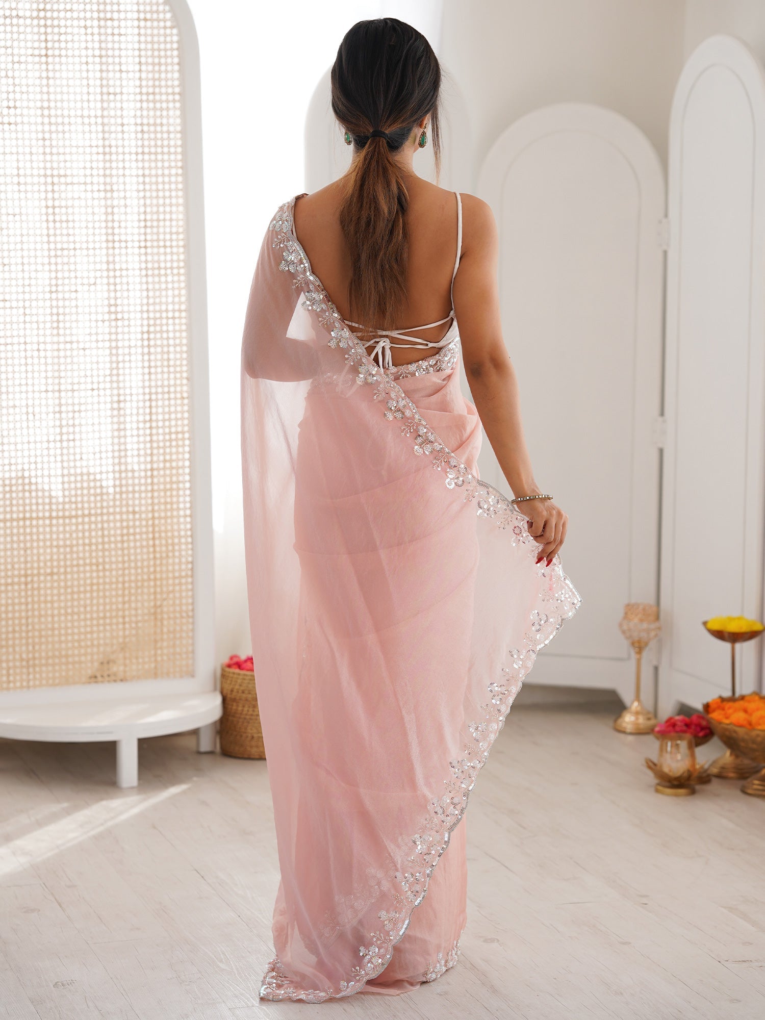 Pastel Pink Georgette Embellished Sequin Border Blouse Saree - Ressa
