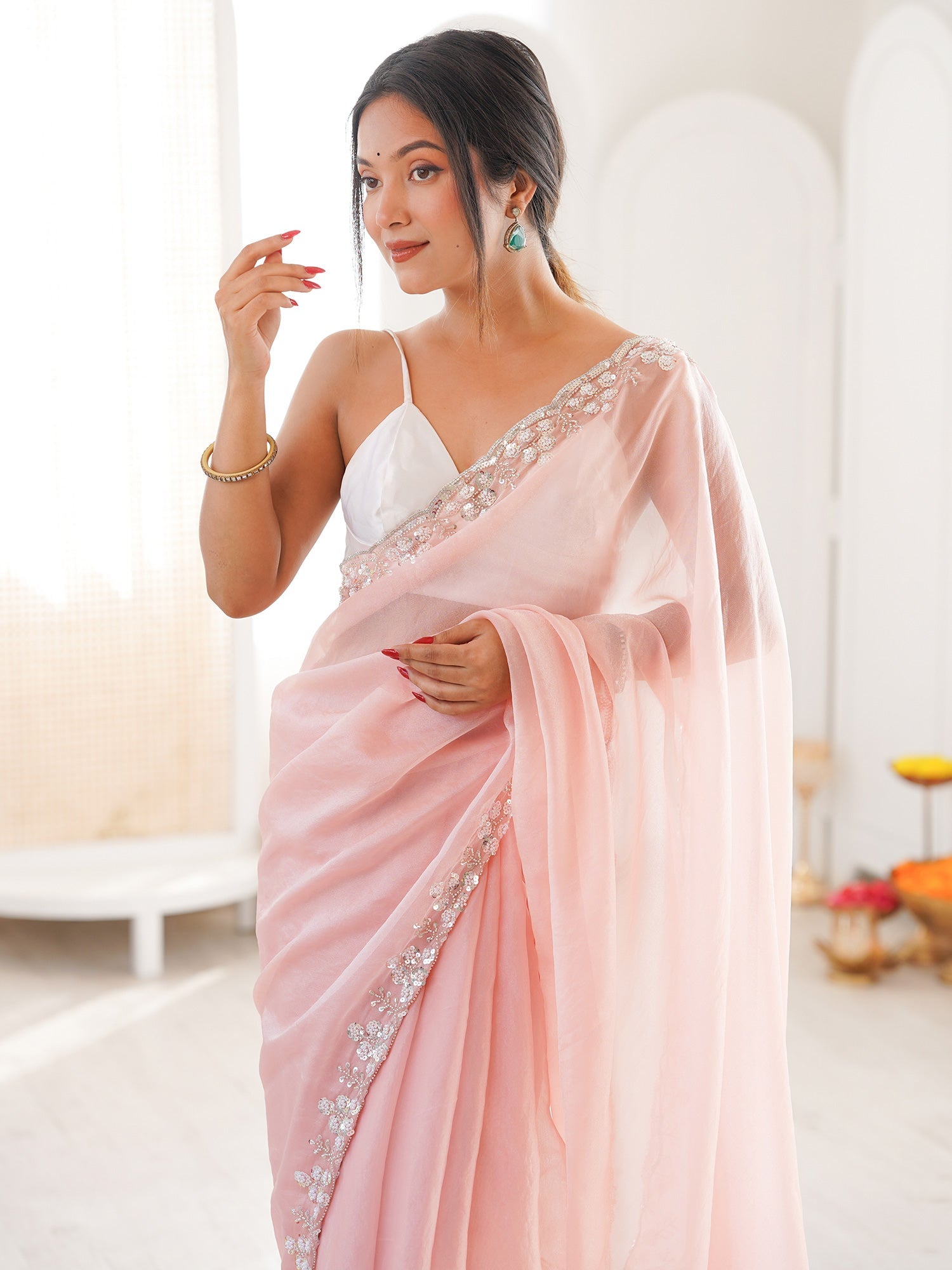 Pastel Pink Georgette Embellished Sequin Border Blouse Saree - Ressa