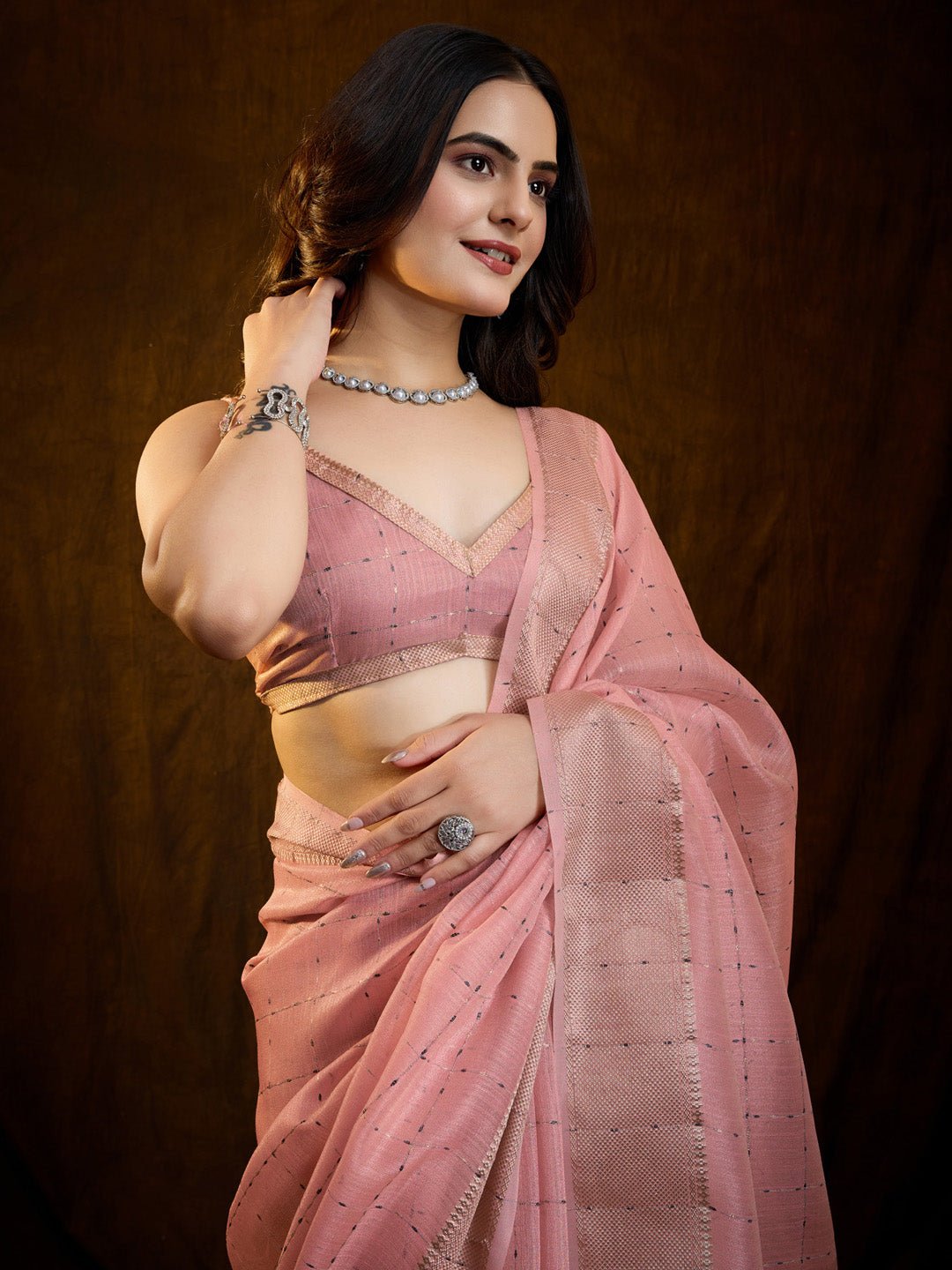 Pastel Pink Tissue Silk Woven Buttis Copper Zari Border Blouse - Ressa