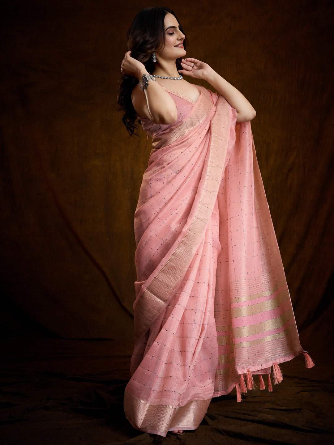 Pastel Pink Tissue Silk Woven Buttis Copper Zari Border Blouse - Ressa