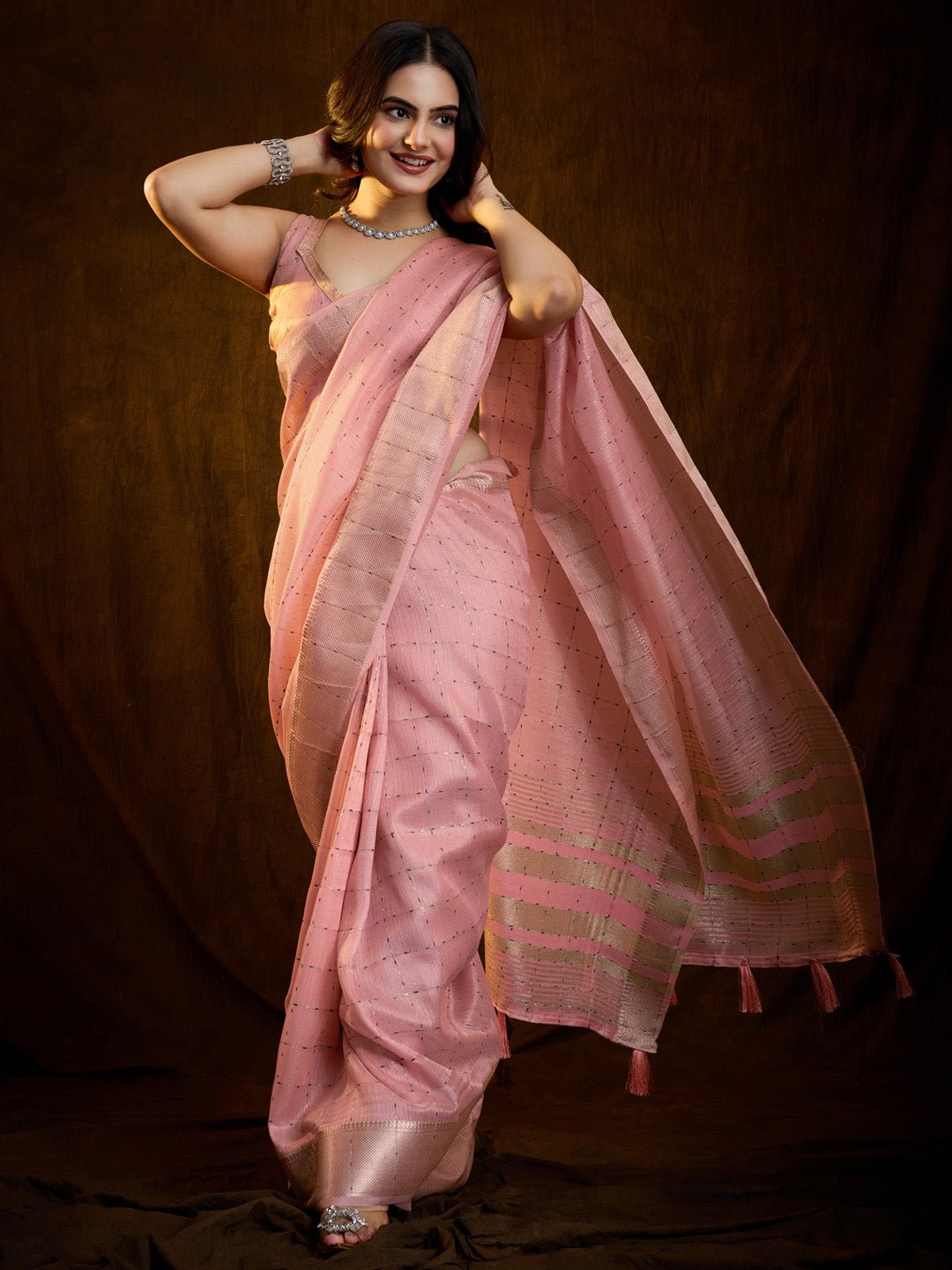 Pastel Pink Tissue Silk Woven Buttis Copper Zari Border Blouse - Ressa