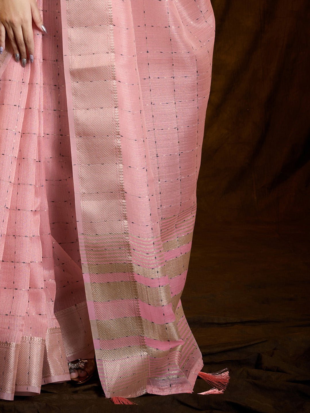 Pastel Pink Tissue Silk Woven Buttis Copper Zari Border Blouse - Ressa