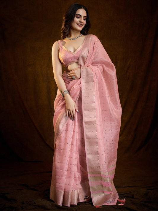 Pastel Pink Tissue Silk Woven Buttis Copper Zari Border Blouse - Ressa