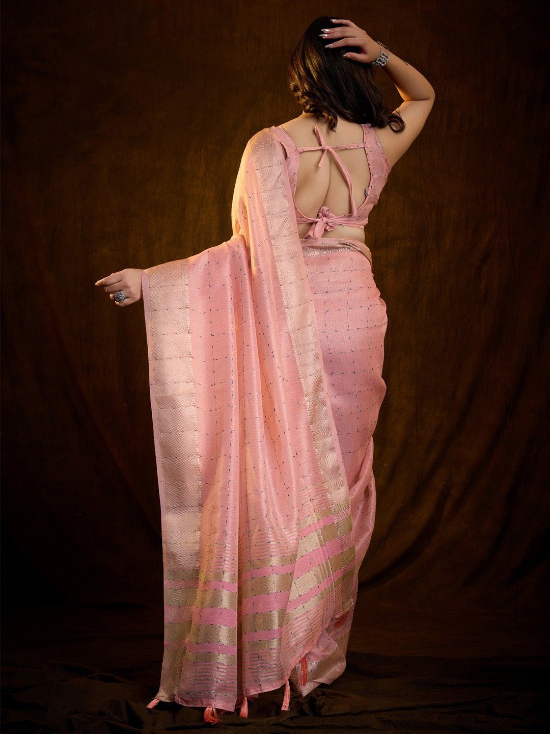 Pastel Pink Tissue Silk Woven Buttis Copper Zari Border Blouse - Ressa