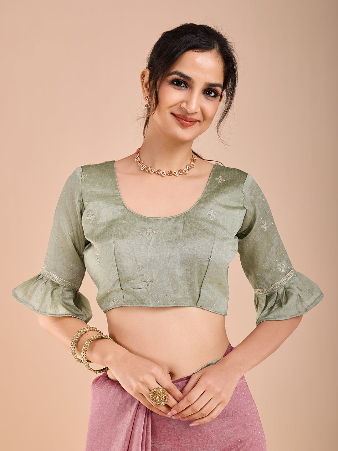 Pastel Pink Vichitra Silk Swaroski Work Saree - Ressa
