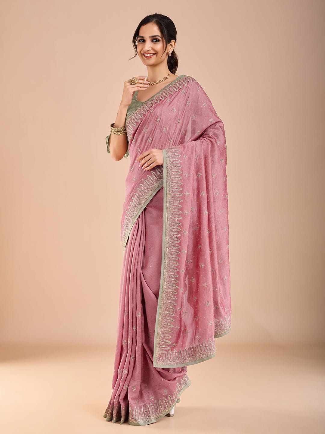 Pastel Pink Vichitra Silk Swaroski Work Saree - Ressa