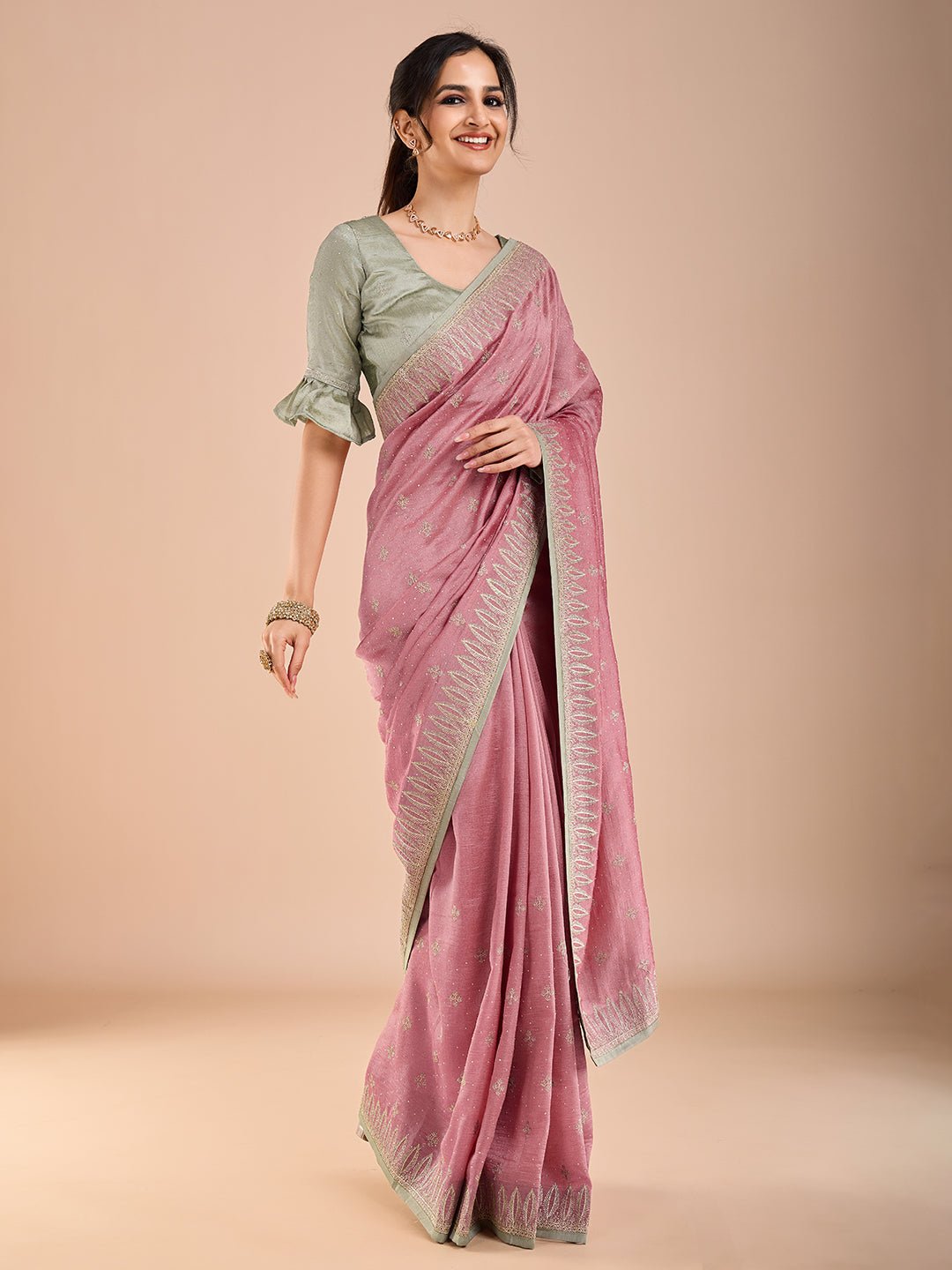 Pastel Pink Vichitra Silk Swaroski Work Saree - Ressa