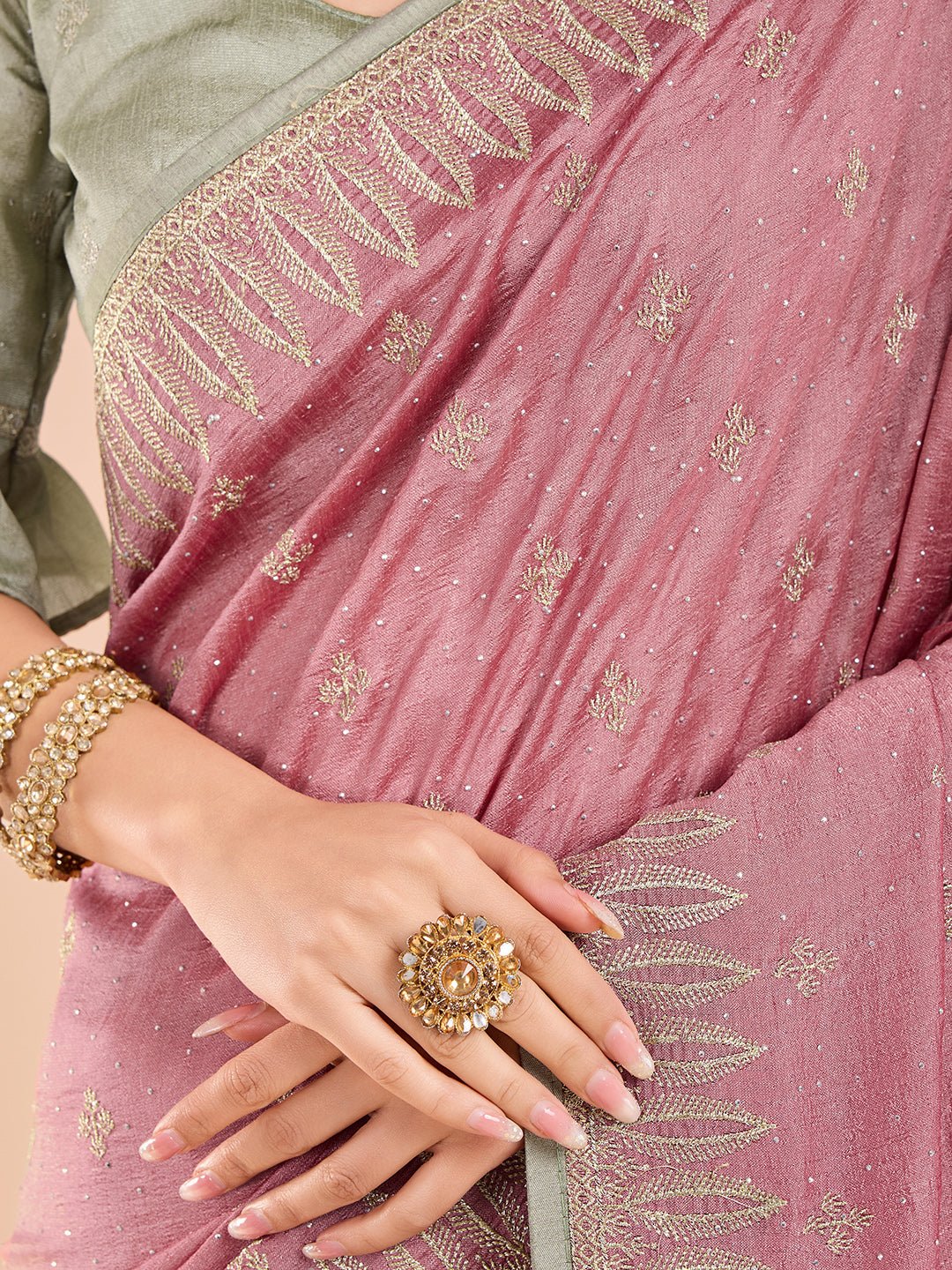 Pastel Pink Vichitra Silk Swaroski Work Saree - Ressa