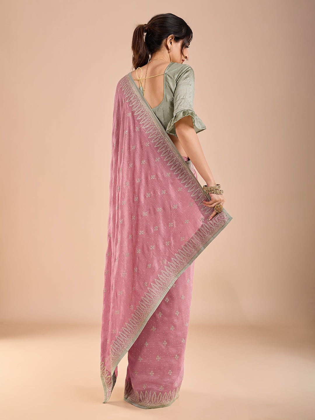 Pastel Pink Vichitra Silk Swaroski Work Saree - Ressa