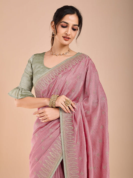 Pastel Pink Vichitra Silk Swaroski Work Saree - Ressa