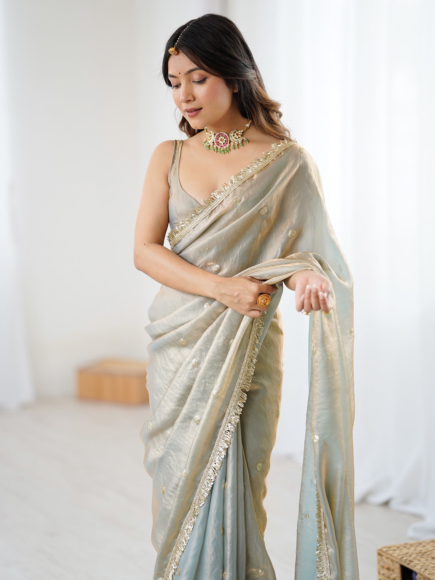 Pastel Sea Green Organza Tissue Zari Butti Saree - Ressa