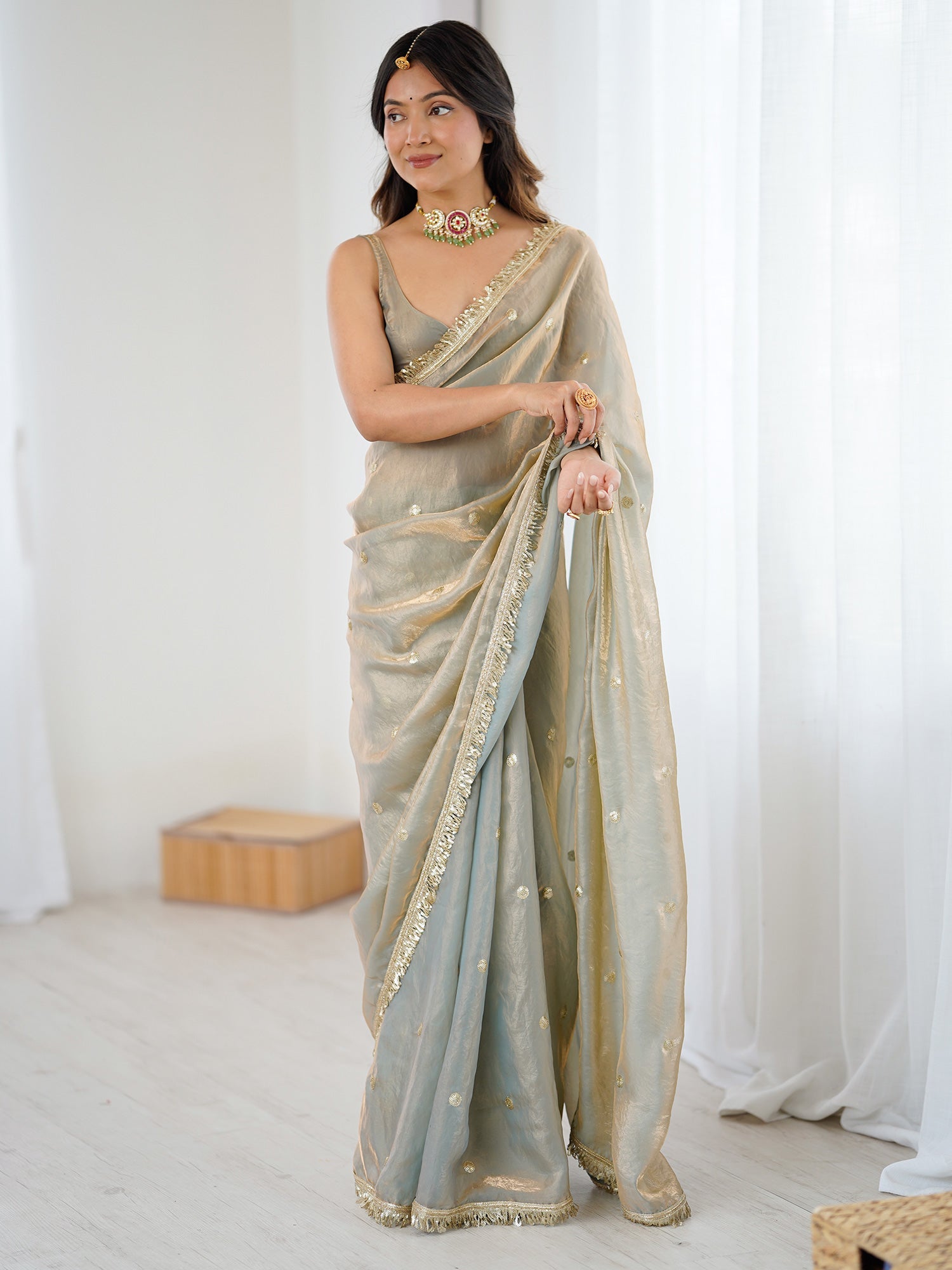 Pastel Sea Green Organza Tissue Zari Butti Saree - Ressa
