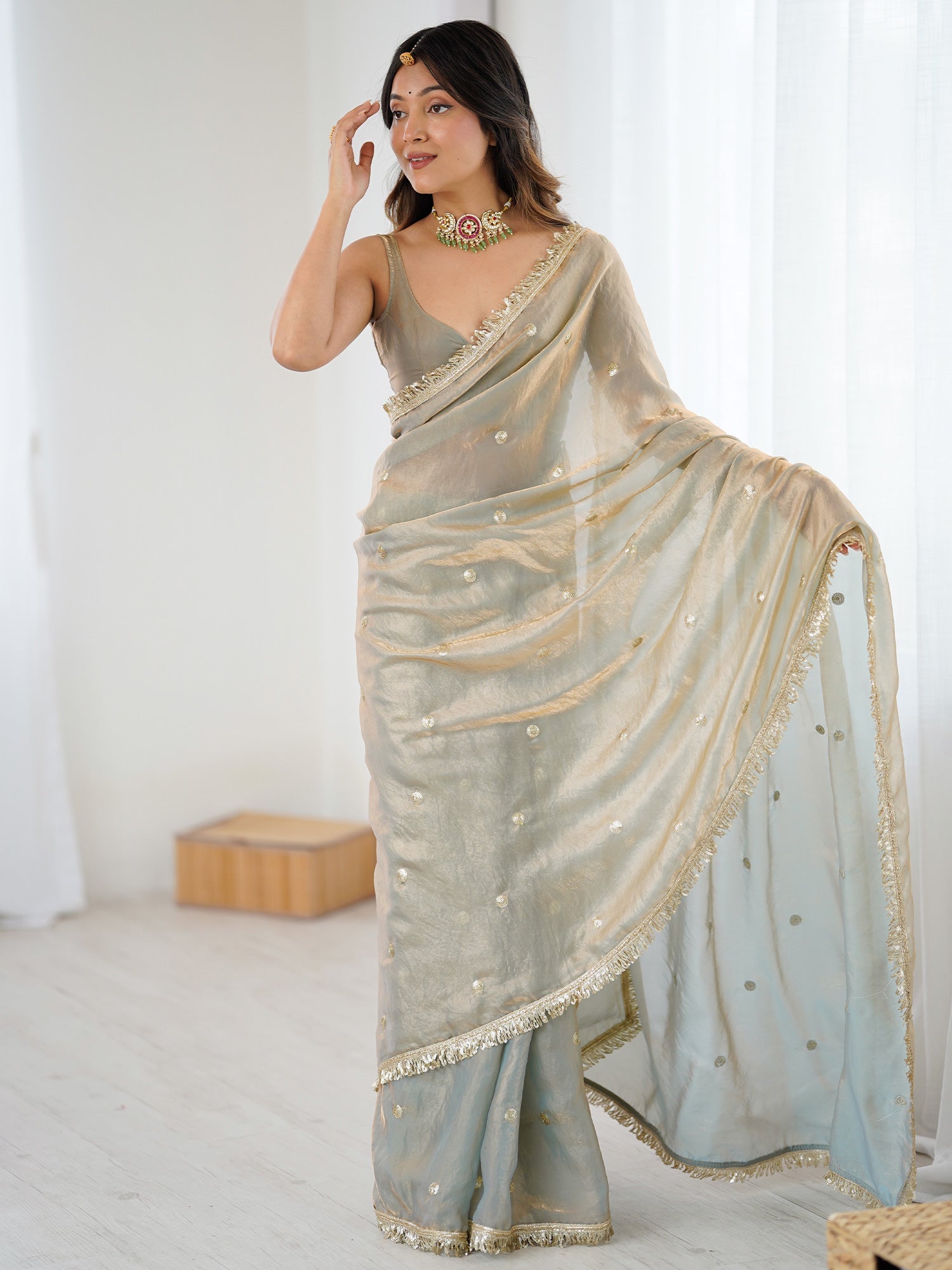 Pastel Sea Green Organza Tissue Zari Butti Saree - Ressa