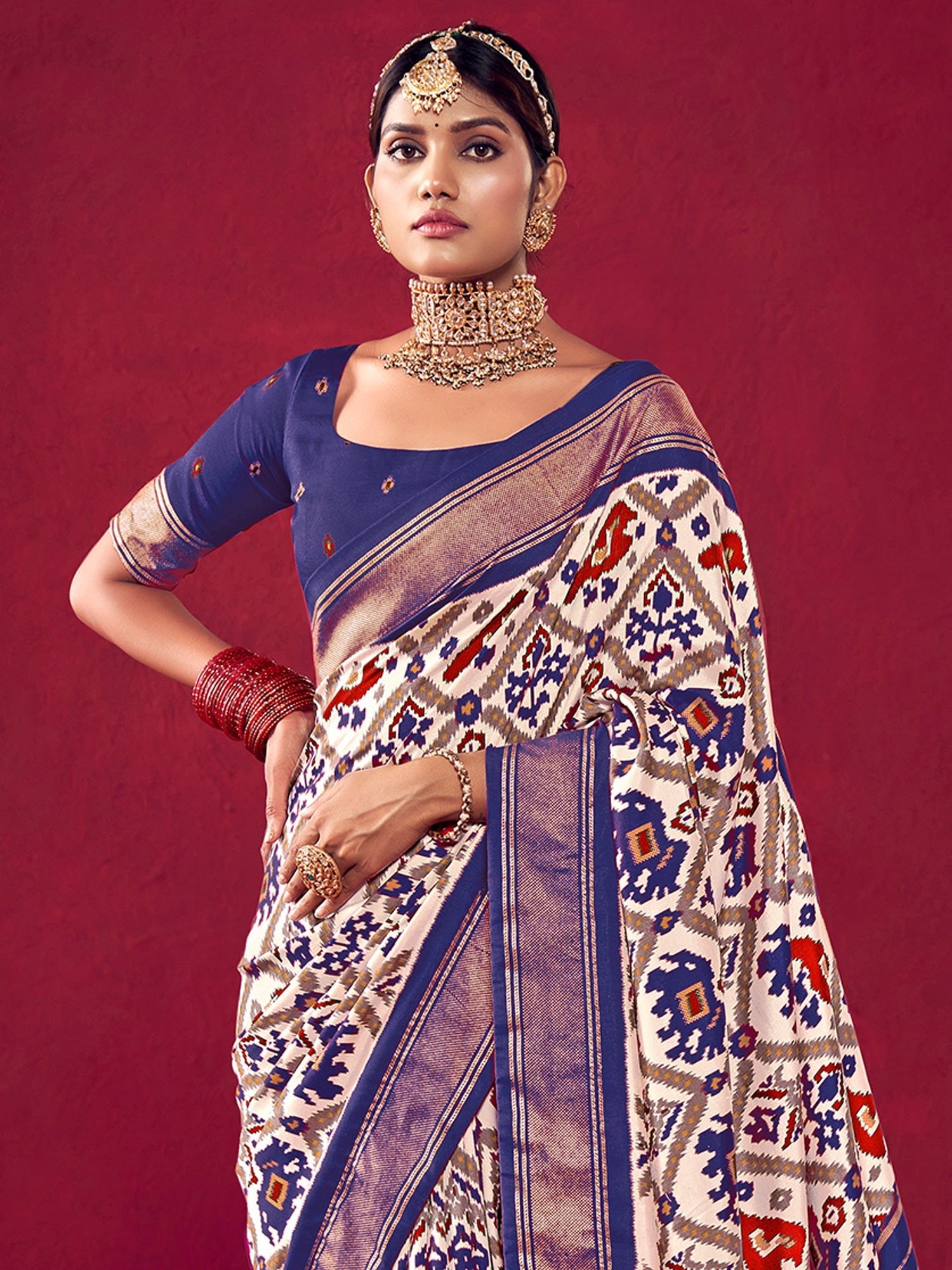 Patola Ikat Woven Silk Blend Heritage Elephant Motifs Saree - Ressa
