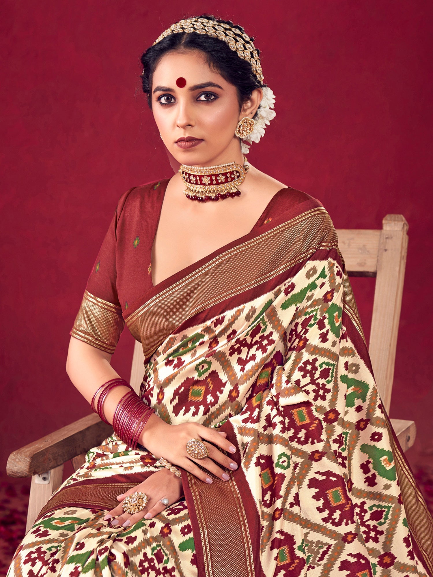 Patola Ikat Woven Silk Blend Heritage Elephant Motifs Saree - Ressa