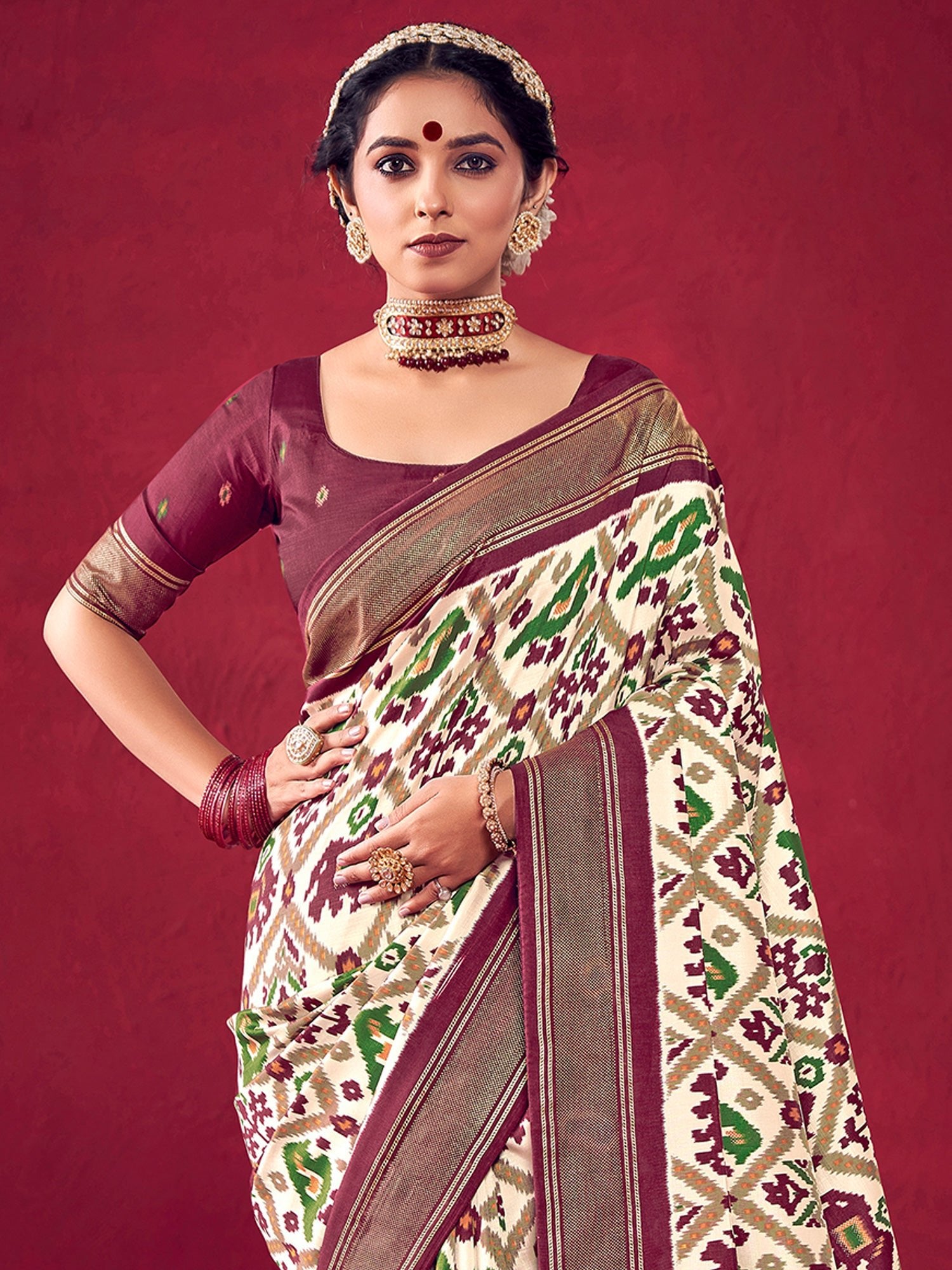 Patola Ikat Woven Silk Blend Heritage Elephant Motifs Saree - Ressa