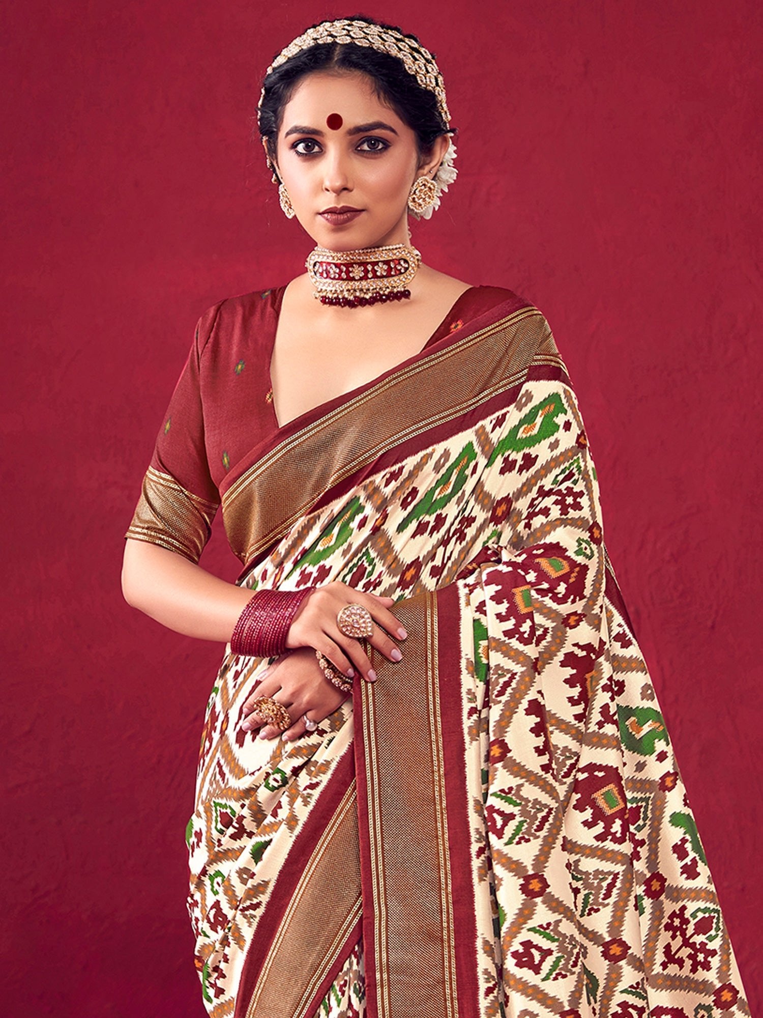 Patola Ikat Woven Silk Blend Heritage Elephant Motifs Saree - Ressa